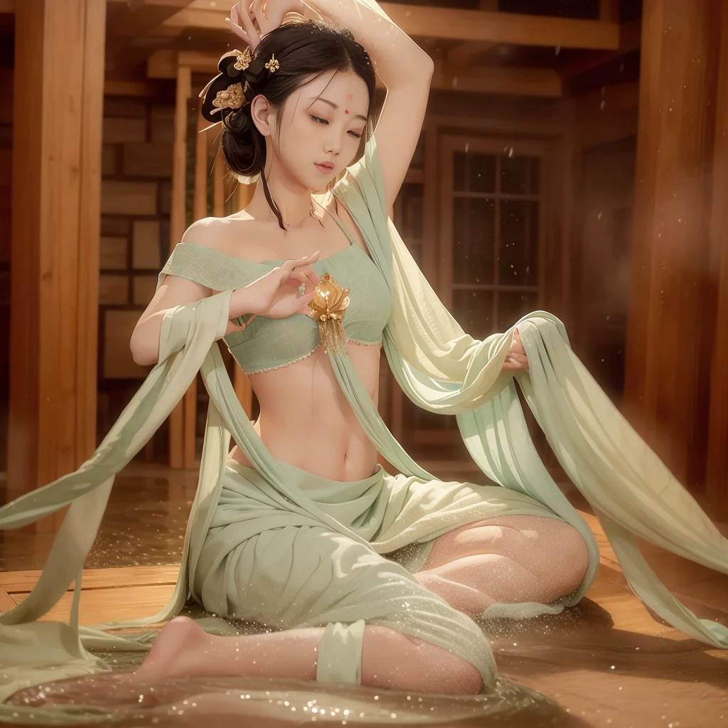Zen beauty doing yoga lotus meditation in heavy rain  ，（fully, Delicate and good-looking face），Full body bathing