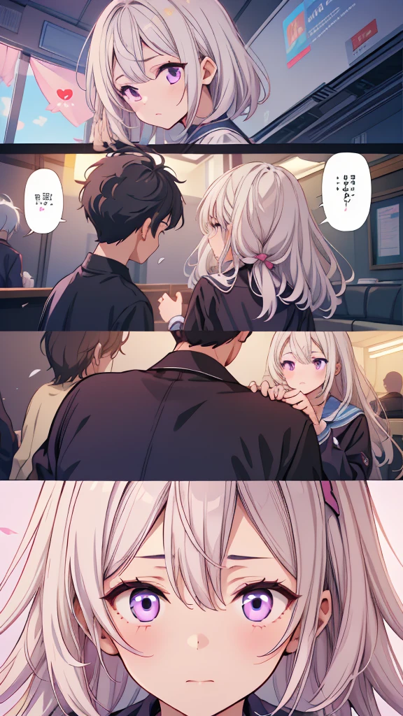 (masterpiece, highest quality), detailed, comics, boy,heart、like、1girl,The girl has milky white hair on top, with purple gradation towards the ends.、Braided with two knots、cyberpunk sailor suit、 A 17-year-old high school student meets a boy and girl, Manga Page, Doujinshi, Download contents, anime, Branch Panel, (From right to left, Top to bottom), 1boy, (others boys, Various random faces, Various random hairs), (1boy, boy, Short white hair, Cyberpunk , detailedが満載)、The girl's characteristic is yinji,1girl,solo, purple eyes, long hair, twin braids, purple hair, multicolored hair, elbow gloves, bangs, very long hair,bare shoulders, black skirt, grey hair, dress, smile, side cutout,covered navel, side cutout,