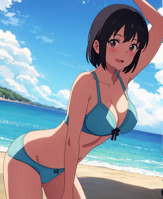 shinkai makoto, kimi no na wa., 1girl, bangs, black hair, brown eyes, short hair, hair ribbon, smile, outdoors, summer, solo, sexy pose, arms up, beach, open mouth, blush, looking at the viewer, cowboy shot, blue sky, happy, cloudy_sky, white bra, whit panties, masterpiece, masterpiece,