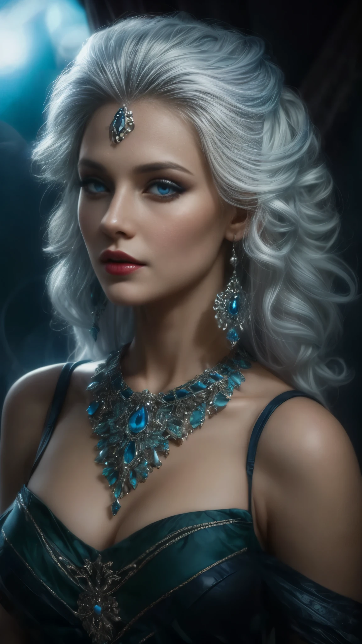 Seductress, seductive blue eyes, naughty, white bright hair, 