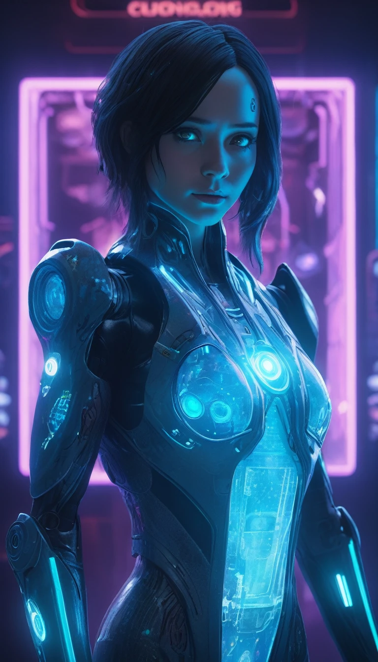chong , Glowing hologram Cortana, (hologram:1.4), (glitch:1.4), glowing, reimagined in a cyberpunk universe, cinematic scene, detailed background, piercing eyes, masterpiece, best quality, high quality, intricate, ultra detailed, highres, absurdres, 16k resolution
