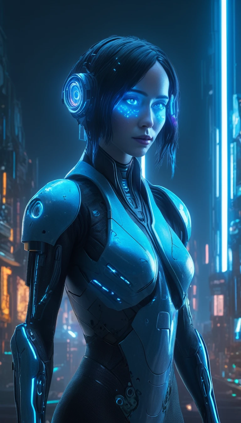 chong , Glowing hologram Cortana, (hologram:1.4), (glitch:1.4), glowing, reimagined in a cyberpunk universe, cinematic scene, detailed background, piercing eyes, masterpiece, best quality, high quality, intricate, ultra detailed, highres, absurdres, 16k resolution 