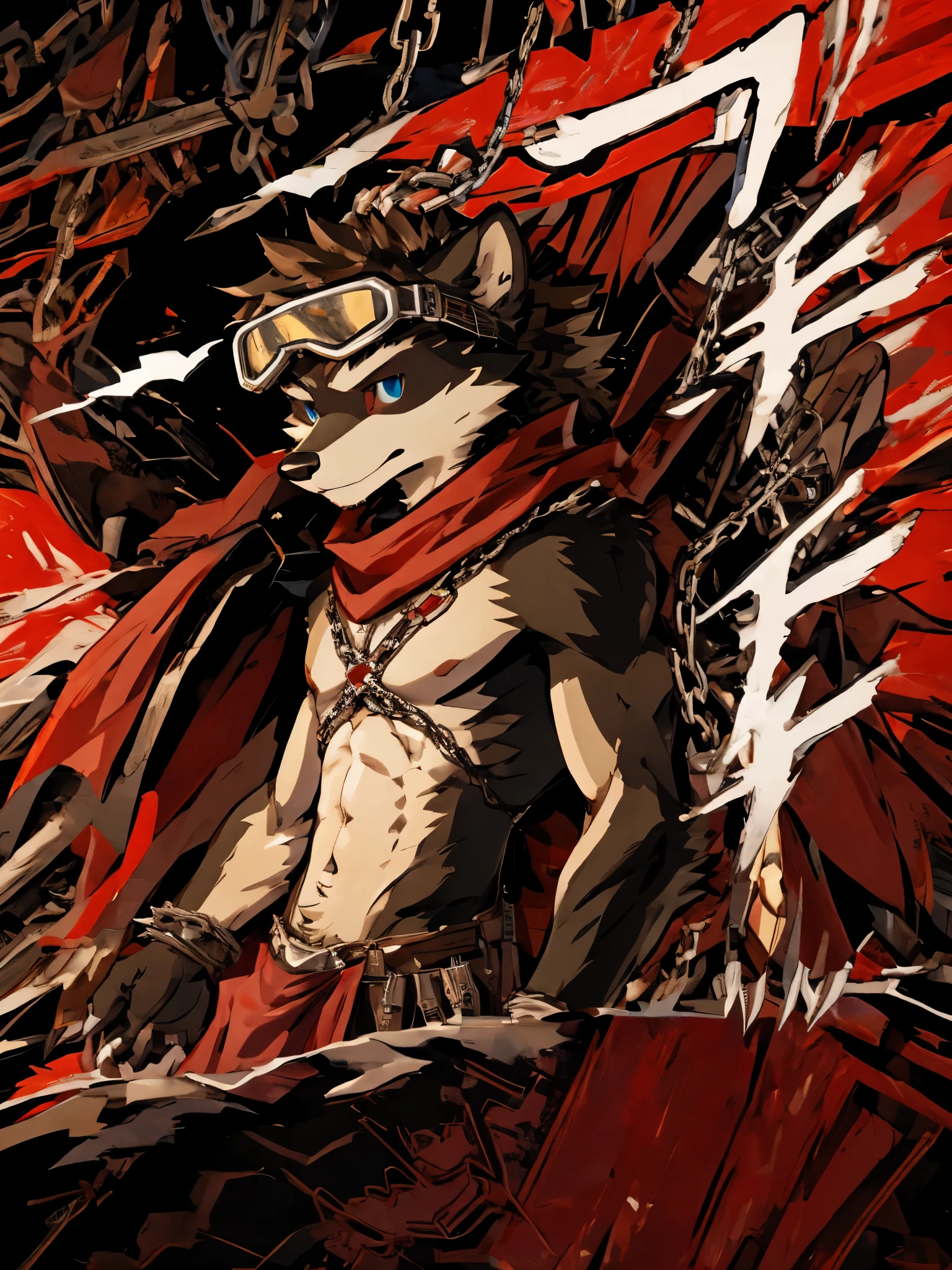 Furry, furry, teenccoon, spiked brown hair only on head, blue eyes, goggles, chain harness, red cape, red scarf, red loincloth, masterpiece, detail body, detailed eyes, fur all over body, detailed face, detailed eyes, detailed hands, Skinny, claws, high resolution, metal cuffs on wrists, metal cuffs on ankles, no shirt, no underwear, wave,