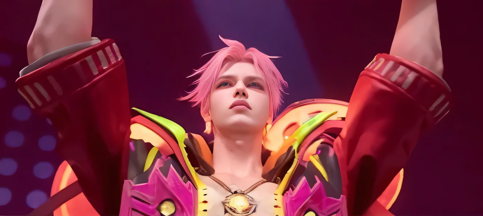 1boy in, star eye, blush, Perfect Illumination, pink hair, purple Eyes, Unreal Engine, side lights, Detailed face, Bangs, bright skin, background, Dark background,