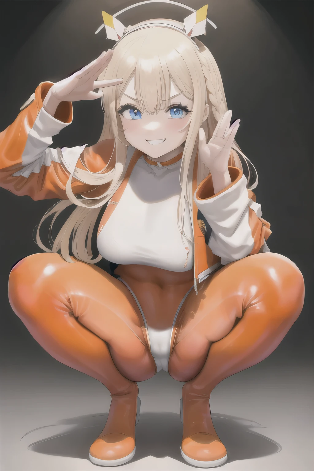 masterpiece, best quality, 1girl, solo, tove, headgear, braid, orange bodysuit, jacket, grin, looking at viewer, blush, long sleeves, full body, hood, salute, squatting,