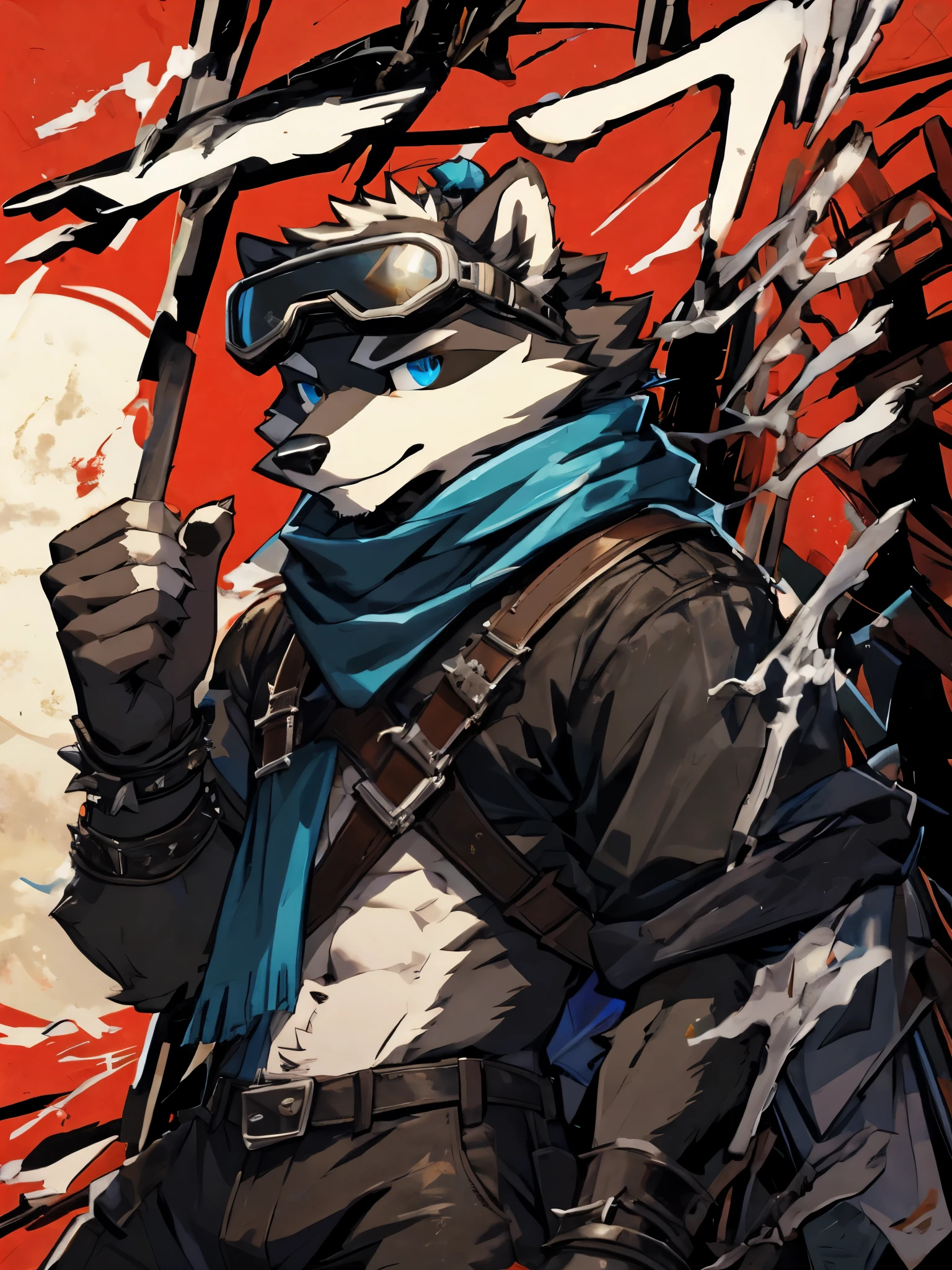 teen furry, furry, teenager, raccoon, grey body, long brown spiked_ponytail, detailed eyes, Detailed body fur, long blue scarf, leather_harness, blue_breechcloth, goggles, masterpiece, gray body, Detailed face, big eyebrows, blue eyes, detailed eyes, No muscles, Detailed hands, Flat body, Skinny, Detailed paws, metal cuffs on wrists, metal cuffs on ankles, black baggy pants