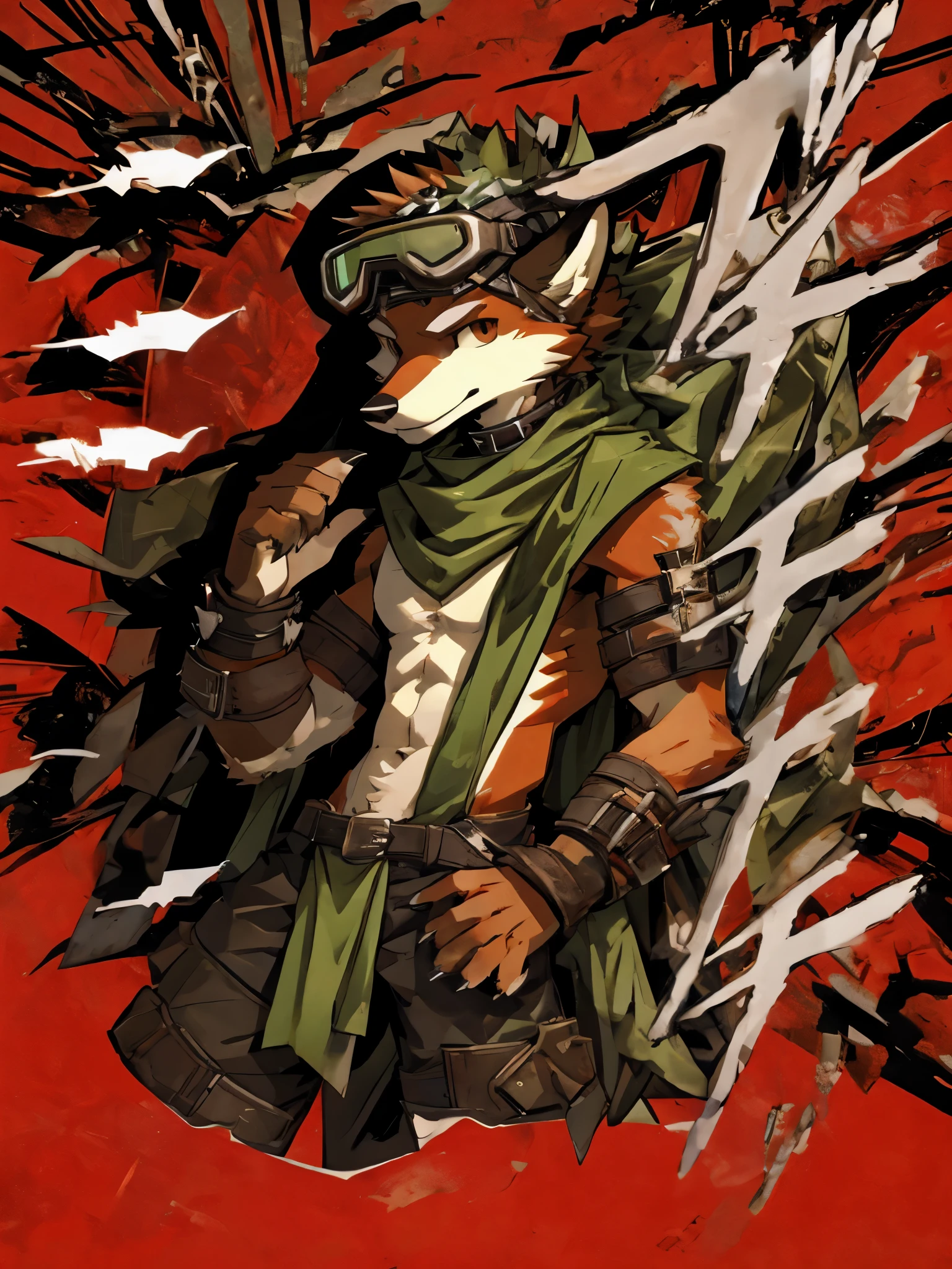 teen Furry, solo, furry, teenager, red fox, spiked brown hair only on head, collar, brown eyes, goggles, green breechcloth, green scarf, elbow pads, knee pads, masterpiece, No muscles, Detailed hands, detailed face, detailed eyes, detailed body, Flat body, Skinny, claws, high resolution, metal cuffs on wrists, metal cuffs on ankles, no shirt, no underwear,