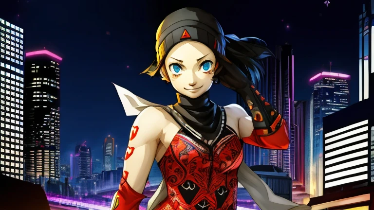 1girl, expressive eyes, wink, sneaky smile, patterned clothes dress, jojo poses, big urban city in night time in background, detail richness, masterpiece, best quality, PERSONA style, Soejima Shigenori style