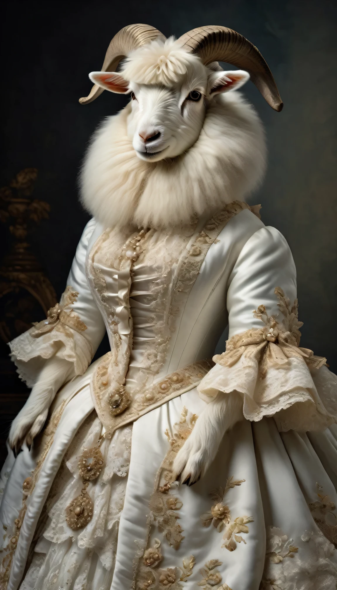 photorealistic portrait of Dressed animals - a fat angora goat, anthropomorphism of angora goat, (full body shot:1.5), Wearing white dress made of lace, Old-fashioned luxury white lace dress, detailed and opulent description of a female aristocratic sack-back gown in Rococo style, emphasizing luxurious fabrics, intricate embroidery, and ornate accessories, Rococo style background