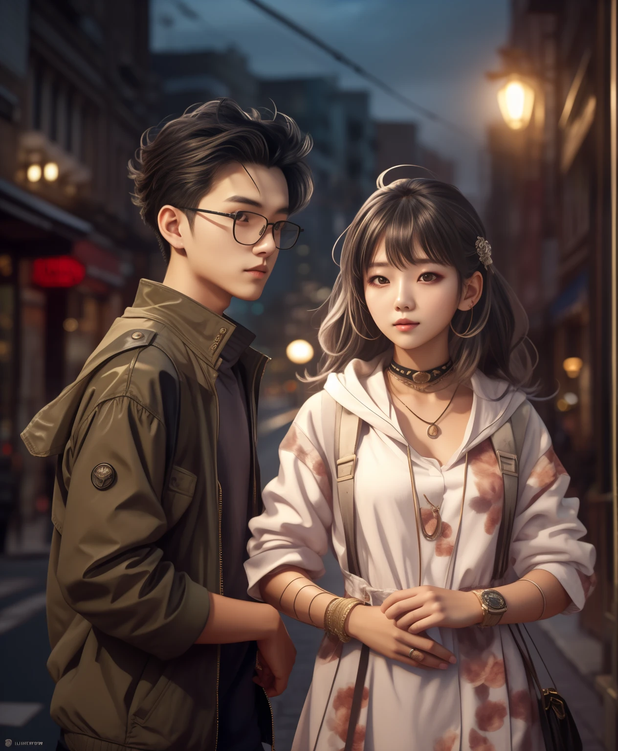 RAW photo, a portrait photo of 21 y.o 1Girl in black ponnytail hair and 1man in casual clothes, night, city street, (high detailed skin:1.2), 8k uhd, dslr, soft lighting, high quality, film grain, Fujifilm XT3