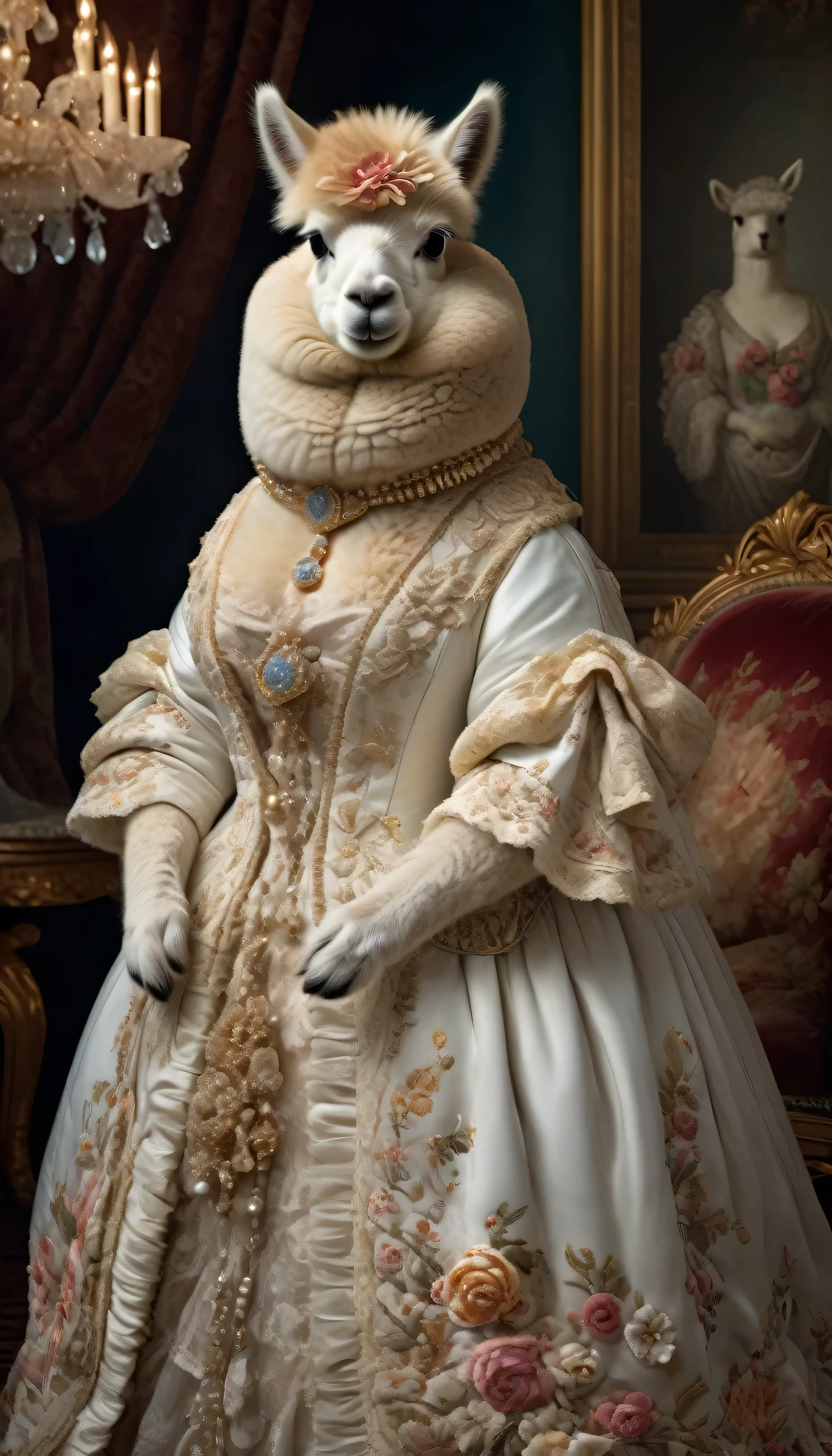 photorealistic portrait of Dressed animals - a fat alpaca, anthropomorphism of alpaca, (full body shot), Wearing white lace luxury sack-back gown, Old-fashioned luxury white lace dress, detailed and opulent description of a female aristocratic sack-back gown in Rococo style, emphasizing luxurious fabrics, intricate embroidery, and ornate accessories, Rococo style background
