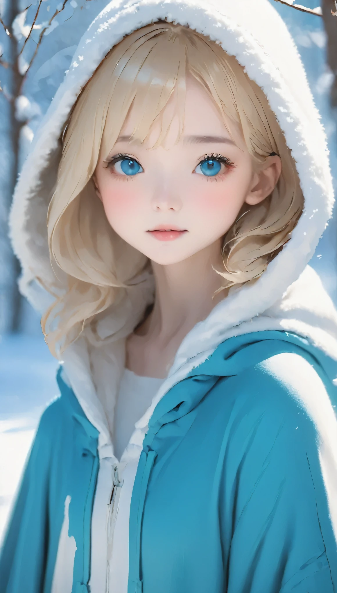 Outdoor:1.5、winter、snow、White world、frozen world、White world、One Girl、Only 24、Perfect Anatomy、Correct human body、Ash Blonde、Layered Haircut、Short Wavy Hair、A woman with a pretty face、Attractive eyes、Perfect beauty、Natural color poncho-style hoodie、Wearing a hood、silence、Outdoor、White wall、rhyme、White world、Blurred Background、Natural soft light、to be born、Photorealistic、最high quality、high quality、high resolution、