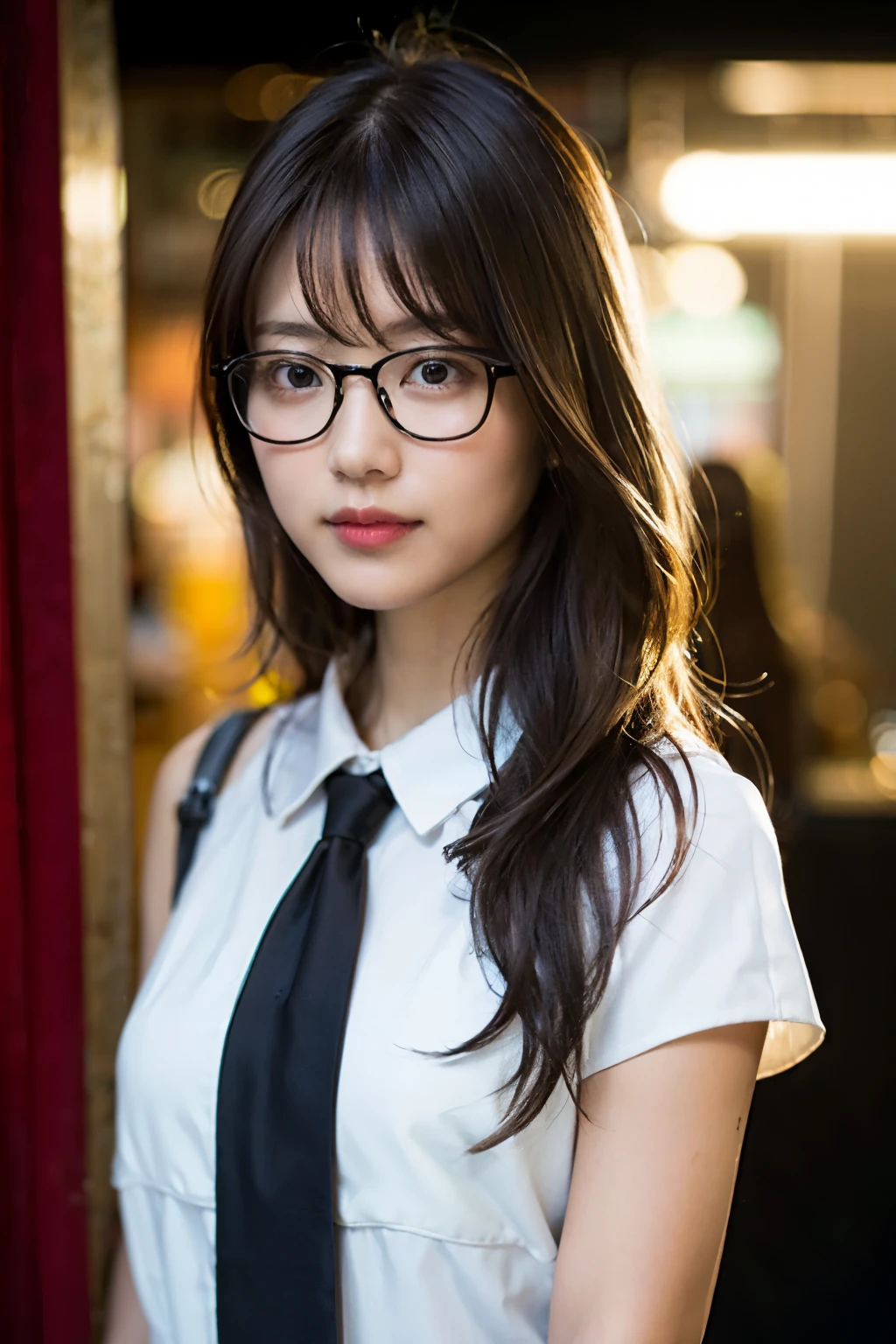 (8k、Raw photo、highest quality、masterpiece:1.2)、(Realistic、Photorealistic:1.37)、Ultra-detailed、超A high resolution、1 girl、Seeing the viewer、Beautifully detailed face、Laughter、narrow、(Slim waist) :1.3)、((White blouse))、Beautifully detailed skin、Skin Texture、Floating Hair、((Tie your hair together))、Professional Lighting、In front of the station at noon、((Black square glasses))、Human whole body、Brown Hair