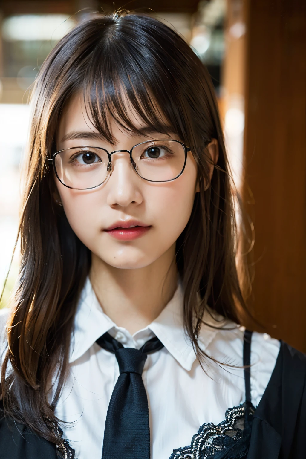 (8k、Raw photo、highest quality、masterpiece:1.2)、(Realistic、Photorealistic:1.37)、Ultra-detailed、超A high resolution、1 girl、Seeing the viewer、Beautifully detailed face、Laughter、narrow、(Slim waist) :1.3)、((White blouse))、Beautifully detailed skin、Skin Texture、Floating Hair、((Tie your hair together))、Professional Lighting、In front of the station at noon、((Black square glasses))、Human whole body、Brown Hair