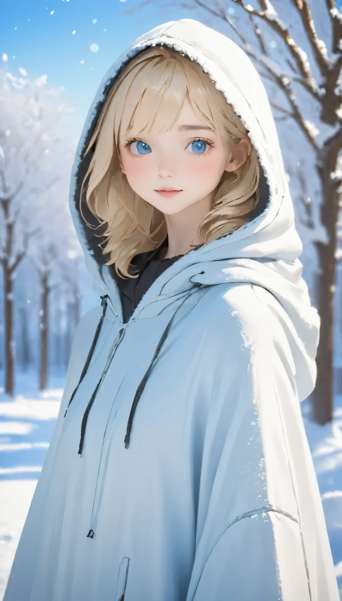 Outdoor:1.5、winter、snow、White world、frozen world、White world、One Girl、Only 24、Perfect Anatomy、Correct human body、Ash Blonde、Layered Haircut、Short Wavy Hair、A woman with a pretty face、Attractive eyes、Perfect beauty、Natural color poncho-style hoodie、Wearing a hood、silence、Outdoor、White wall、rhyme、White world、Blurred Background、Natural soft light、to be born、Photorealistic、最high quality、high quality、high resolution、