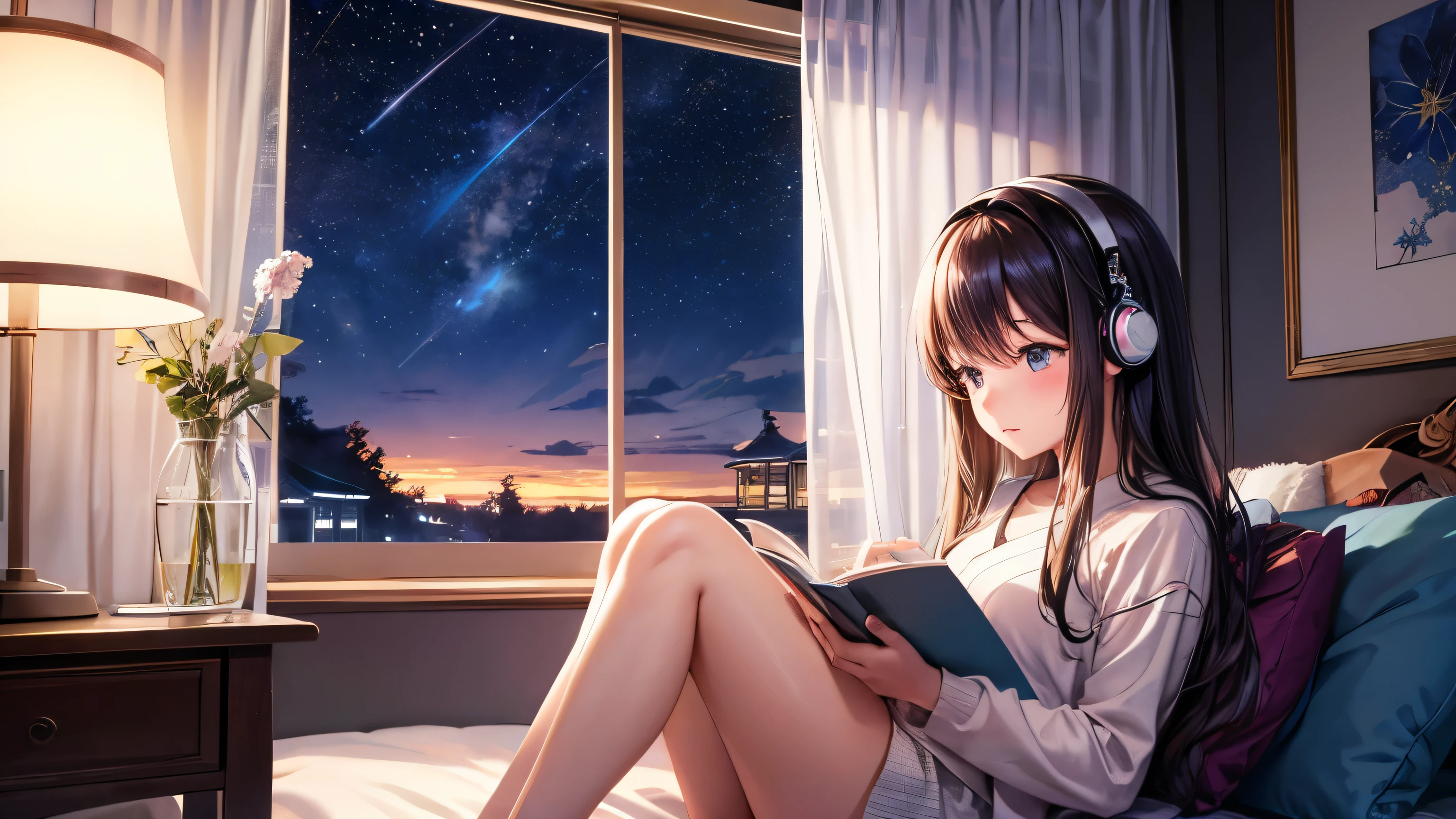 A beautiful girl studying while listening to music in her room、Dim lighting、Outside the window is a starry sky、Japanese anime style