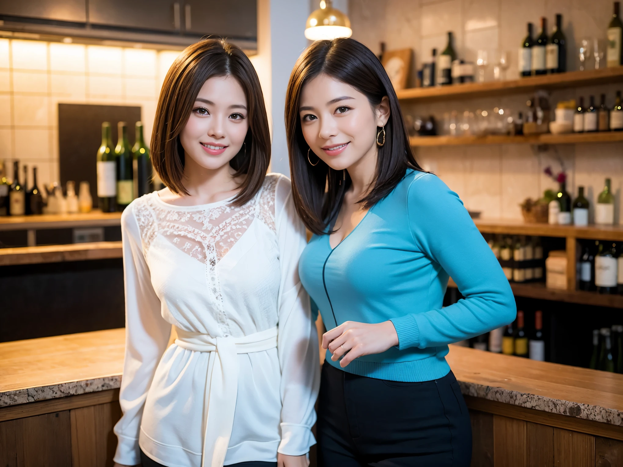 ((highest quality、8k、masterpiece:1.3))、1 male、1 woman who resembles Satomi Ishihara、Couple、Spouse、Couple、The body is slim、((Bob Hale、Straight hair:1.2)), (Realistic, Intricate details:1.2), テーブルの上のwine glass、Put the light on your face、 Amazing view of the sunset sky and clouds、Amazing mountain views、A bright smile、The wonderfulness of smile、Bright image、The beauty of wine, Beautiful Face, blue eyes, The light shines on your face, Blushing, short hair,Bright Face、 (Age 37), 39 years old, red wine 、Appetizers、Italian food、Wine bottle、Champagne、sparkling wine、Two beauties、Brown Hair、Shortcuts、Long sleeve shirt、dress、Pretty Woman 1, (slimな顔), (The body is slim), (Brown Hair), (Shortcuts), cheeks turn a little red,Attractive beauty、restaurant, In a prominent place (From the waist up) Nova Frog Style, actress, model, Upper Body, White wine, slim, wine glass, 中央に置かれたwine glass, smile, (smile: 1.15), Beautiful fine grain, Depth f/2,saturation, High Contrast, Strong light and shadow,Moist Body:1.5、3D texture、Delicate eyes、Brown Hair、The hair is very shiny、