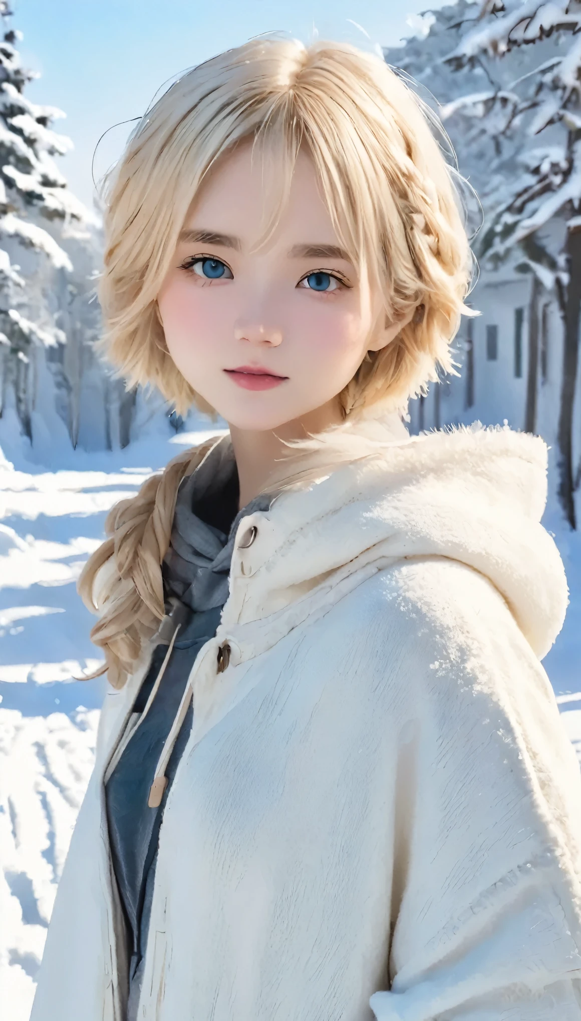 Outdoor:1.5、winter、snow、White world、frozen world、White world、One Girl、Only 24、Perfect Anatomy、Correct human body、Ash Blonde、Layered Haircut、Short Wavy Hair、A woman with a pretty face、Attractive eyes、Perfect beauty、Natural color poncho-style hoodie、Wearing a hood、silence、Outdoor、White wall、rhyme、White world、Blurred Background、Natural soft light、to be born、Photorealistic、最high quality、high quality、high resolution、
