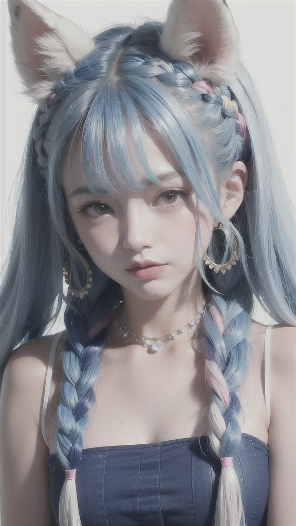 masterpiece, best quality, high resolution, (White background: 1.4), [flash], [Looking at the audience, portrait, 1 sweet chinese girl], (long hair, Blue Hair, Wavy curls, Colorful twisted braids: 1.3, Furry fox ears, Air bangs), White off-shoulder short sleeves, Exquisite facial features, Pink lips, earrings, necklace