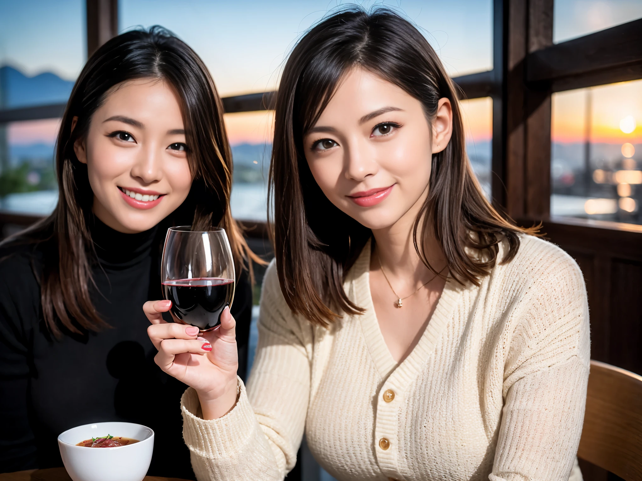 ((highest quality、8k、masterpiece:1.3))、1 male、1 woman who resembles Satomi Ishihara、Couple、Spouse、Couple、The body is slim、((Bob Hale、Straight hair:1.2)), (Realistic, Intricate details:1.2), テーブルの上のwine glass、Put the light on your face、 Amazing view of the sunset sky and clouds、Amazing mountain views、A bright smile、The wonderfulness of smile、Bright image、The beauty of wine, Beautiful Face, blue eyes, The light shines on your face, Blushing, short hair,Bright Face、 (Age 37), 39 years old, red wine 、Appetizers、Italian food、Wine bottle、Champagne、sparkling wine、Two beauties、Brown Hair、Shortcuts、Long sleeve shirt、dress、Pretty Woman 1, (slimな顔), (The body is slim), (Brown Hair), (Shortcuts), cheeks turn a little red,Attractive beauty、restaurant, In a prominent place (From the waist up) Nova Frog Style, actress, model, Upper Body, White wine, slim, wine glass, 中央に置かれたwine glass, smile, (smile: 1.15), Beautiful fine grain, Depth f/2,saturation, High Contrast, Strong light and shadow,Moist Body:1.5、3D texture、Delicate eyes、Brown Hair、The hair is very shiny、