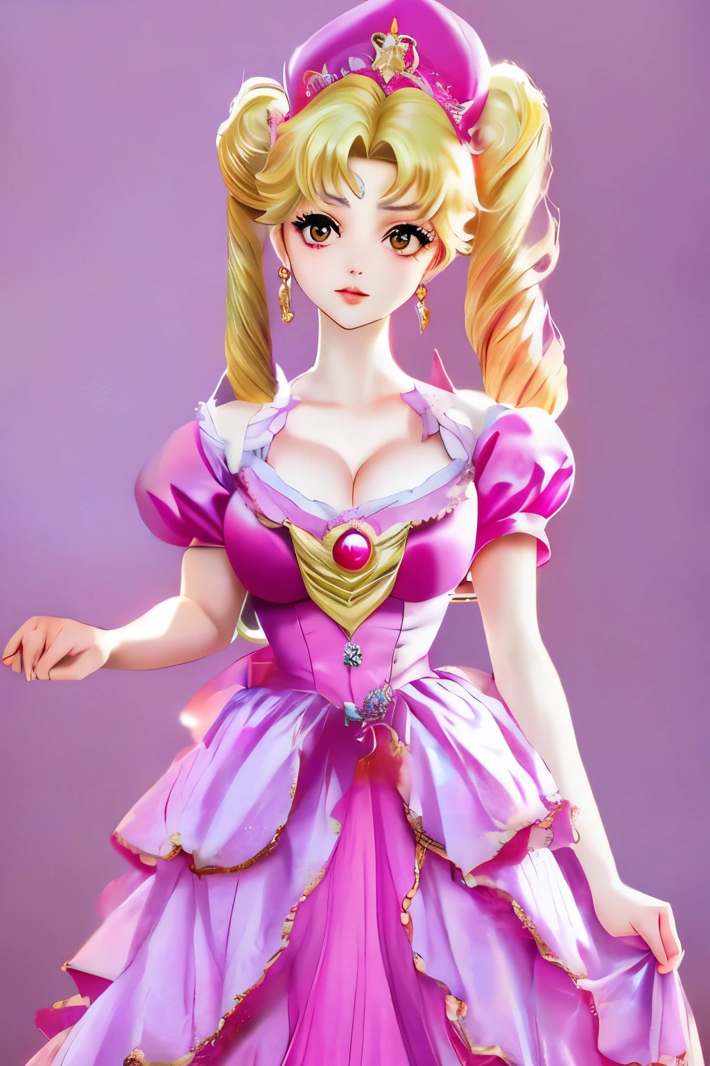 a close up of a doll with a pink dress and a purple hat, glamourous cosplay, ornate cosplay, anime character; full body art, elegant glamourous cosplay, aesthetic!!!!!! female genie, the sailor moon. beautiful, anime barbie doll, princess intergalactica, angelic pretty, 🌺 cgsociety, inspired by Sailor Moon, ((a beautiful fantasy empress))