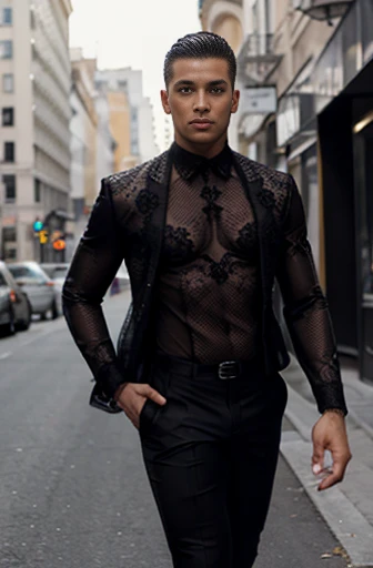 Handsome Latin Man Glamor Modern Fashion Fashion suit haute couture Black lace suit Athletic Sexy black lace pop Star Bare chest Transparent and tulle. tight pants showing the muscles