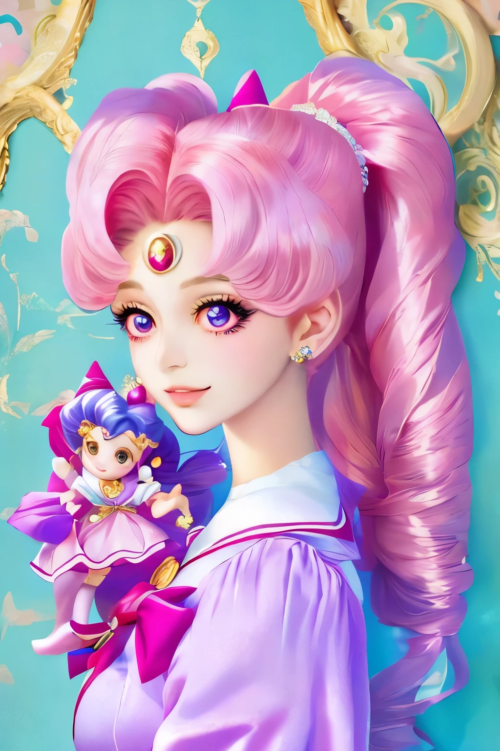 a close up of a doll with a pink dress and a purple hat, a pastel inspired by Sailor Moon, tumblr, rococo, glamourous cosplay, ornate cosplay, anime character; full body art, elegant glamourous cosplay, aesthetic!!!!!! female genie, the sailor moon. beautiful, anime barbie doll, princess intergalactica, angelic pretty, 🌺 cgsociety