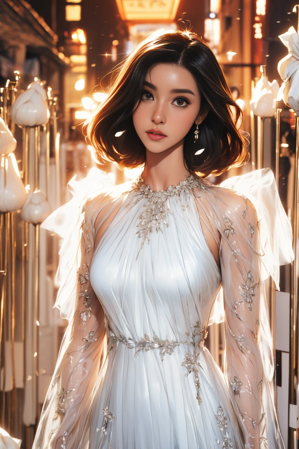 Modelos, Profesional: 1.6, (mejor calidad, 4k, 8K, high resolution, obra maestra: 1.2), ultra detallado, realista, estilo moderno, Moda elegante, tiro de cuerpo completo: 1.5, plano general: 1.5, elegante, ((ropa para modelar, vestido largo de encaje blanco hermoso:1.7)), Accesorios, elegante pose as a model, cabello moderno y hermoso, by the chestnut, vistoso, fondo negrita, studio lighting, dynamic and elegante pose .