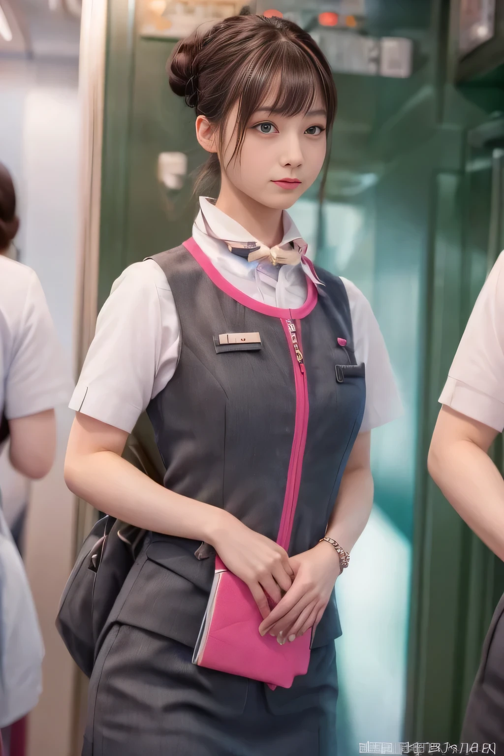 (masterpiece:1.2, highest quality:1.2), 32K HDR, High resolution, (alone、1 girl)、(On board the Shinkansen、Professional Lighting)、Background in the car、(Realistic style wearing JR GranClass attendant uniform)、Blouse with short sleeves、Scarf around the neck、(JR GranClass attendant uniform with pink parts on the sleeves of the skirt)、(JR GranClass attendant uniform with pink line on front zipper of vest)、Dark brown hair、(Hair tied up、Bun Hair、Chignon)、Dark brown hair、Long Shot、Big Breasts、((Fine hand:2.0)),((Harmonious body proportions:1.5)),((Normal limbs:2.0)),((Normal finger:2.0)),((Delicate eyes:2.0)),((Normal eyes:2.0)))、Luxury Necklace、Captivating look、Beautiful standing posture,Place your hands around your stomach