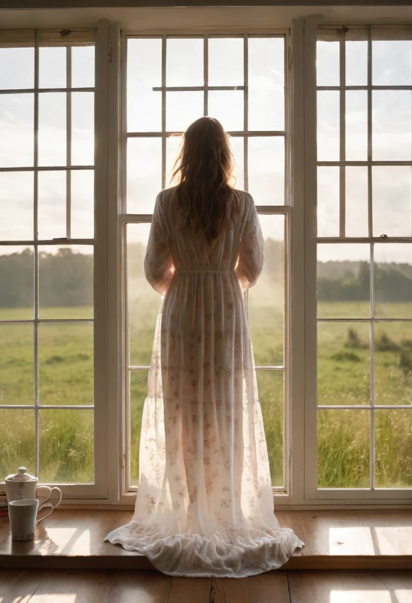 teen woman in a sheer long nightgown at 8:00 am staring out of a window at a field. shot is from the front and quartering. there is a mug of tea on the windowsill. pubic hare is visible through the nightgown