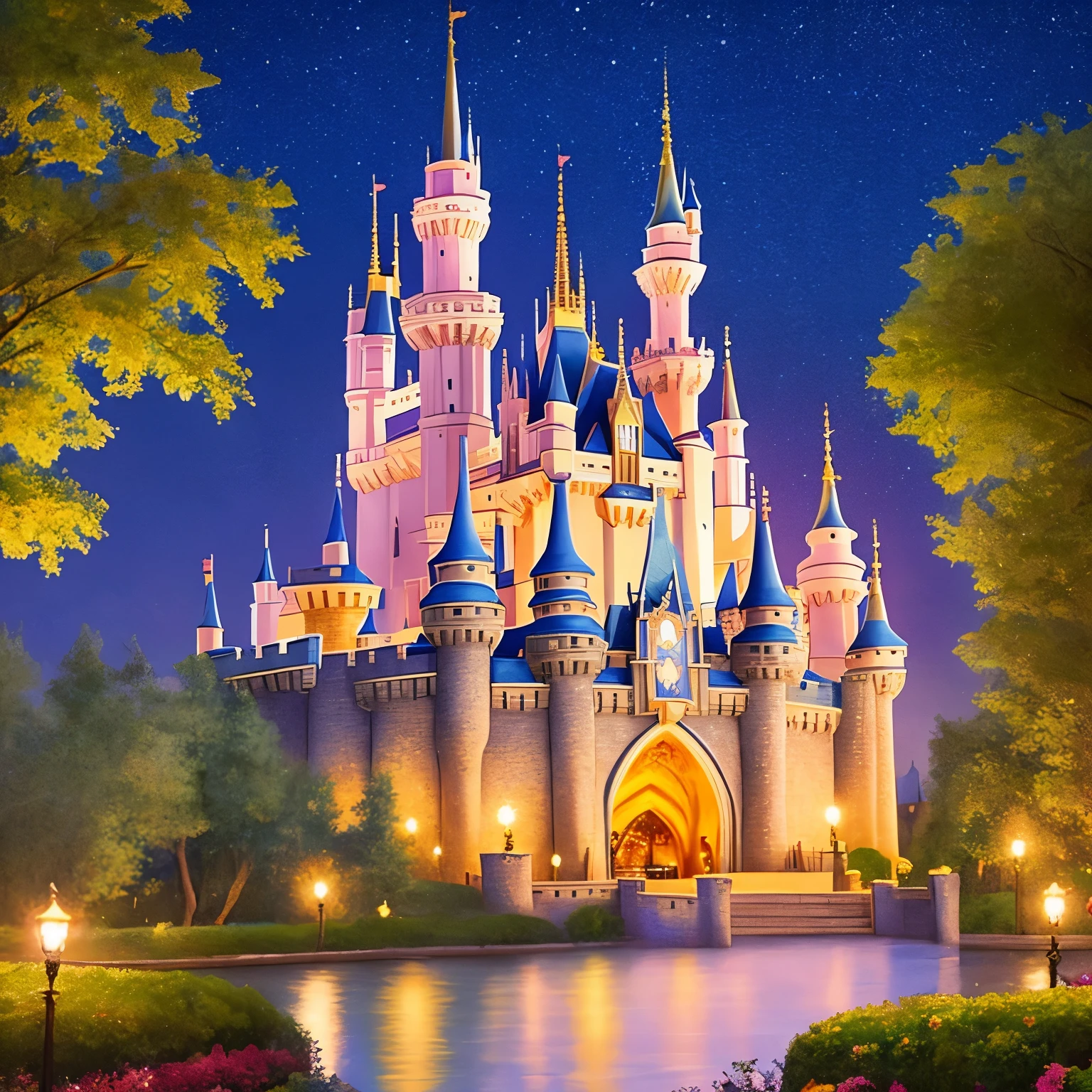 disney's sleeping beauty castle in the night, a storybook illustration inspired by disney, tumblr, conceptual art, disney art, disney art style, disney concept art, disney artstyle, very magical and dreamy, art in the style of disney, magical castle, disney concept art :: nixri, in style of disney animation, disney inspired landscape, disney!!