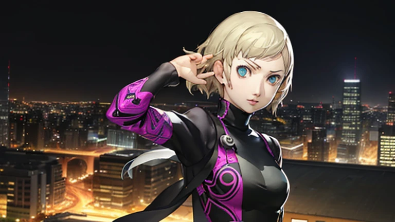 1girl, expressive eyes, wink, sneaky smile, patterned clothes dress, jojo poses, big urban city in night time in background, detail richness, masterpiece, best quality, PERSONA style, Soejima Shigenori style