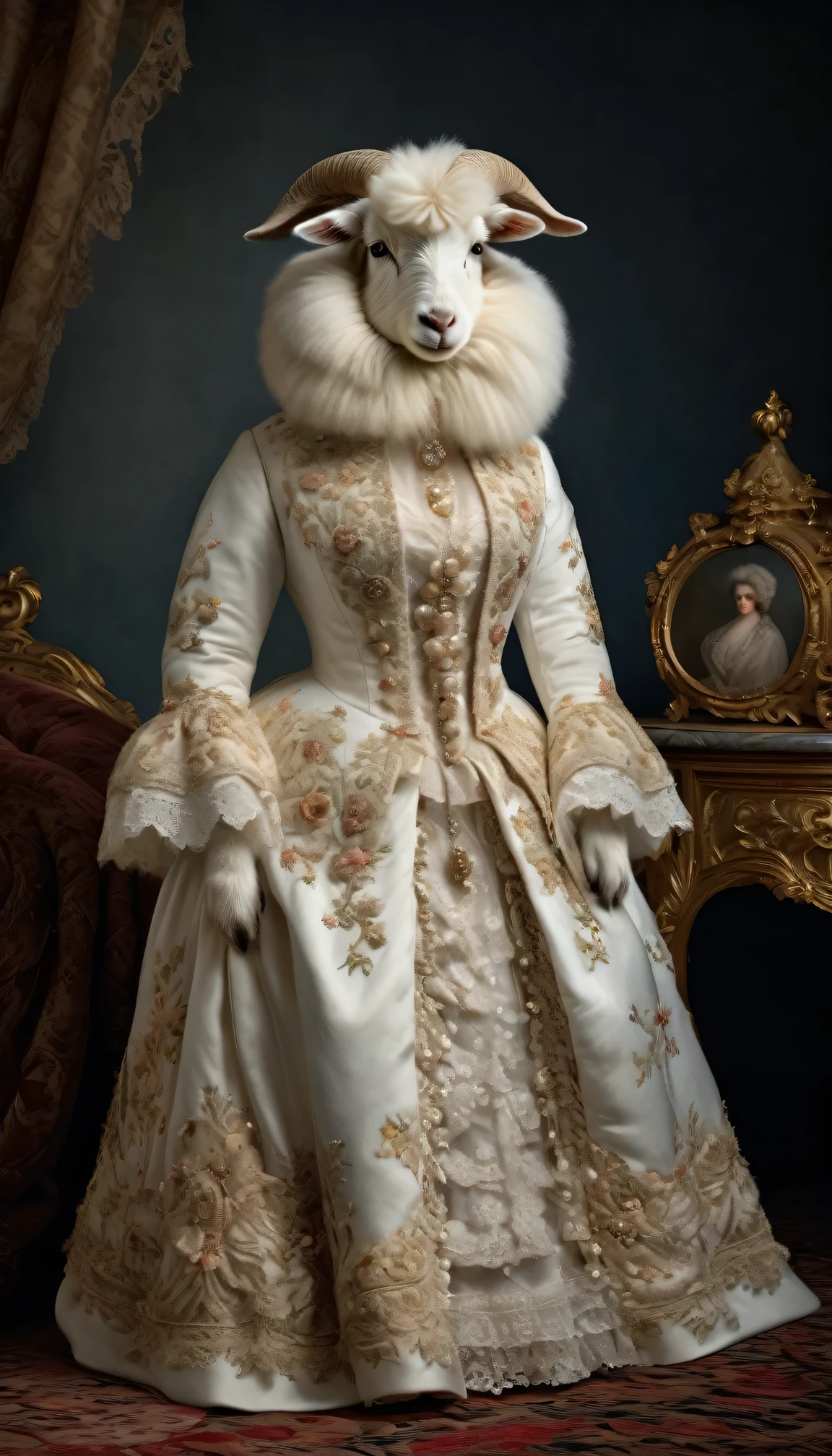 photorealistic portrait of Dressed animals - a fat angora goat, anthropomorphism of angora goat, (full body shot:2.0), Wearing white dress made of lace, Old-fashioned luxury white lace dress, detailed and opulent description of a female aristocratic sack-back gown in Rococo style, emphasizing luxurious fabrics, intricate embroidery, and ornate accessories, Rococo style background