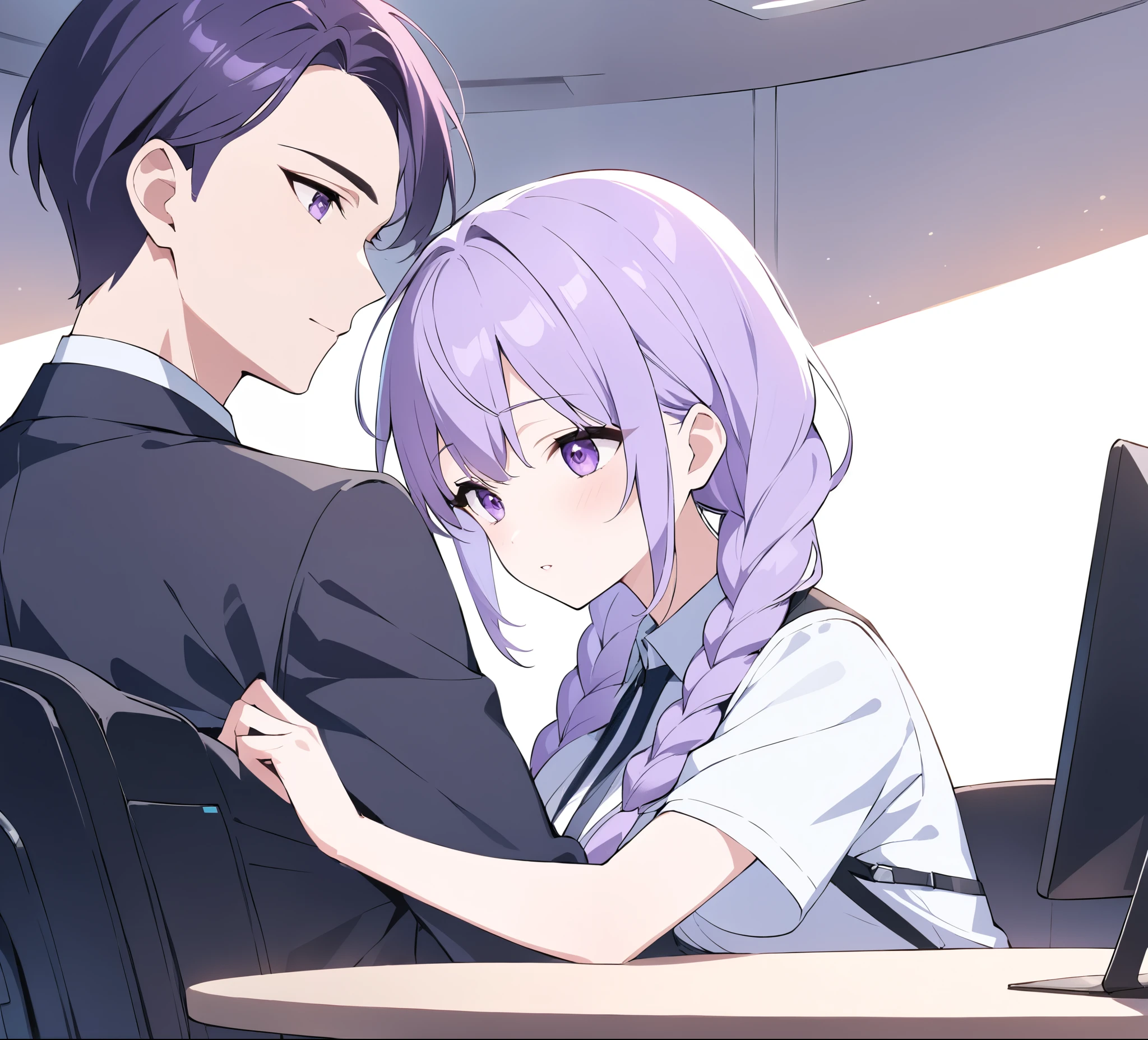 A captivating illustration portraying a blossoming romance between a man and a woman((1 male, 1 woman with purple and white gradient double braids)) in the office. The art form resembles a subtle and sophisticated digital painting, capturing the nuances of their relationship. The scene is set in a modern office space, with sleek desks, computers, and a backdrop of bustling professionals. The man and woman are seated close to each other, engrossed in a heartfelt conversation. Their body language exudes warmth and familiarity, hinting at their connection. Soft, natural lighting fills the room, creating a warm and inviting atmosphere. The overall result is a tender depiction of an office romance, showcasing the delicate balance between work and love in a professional setting.