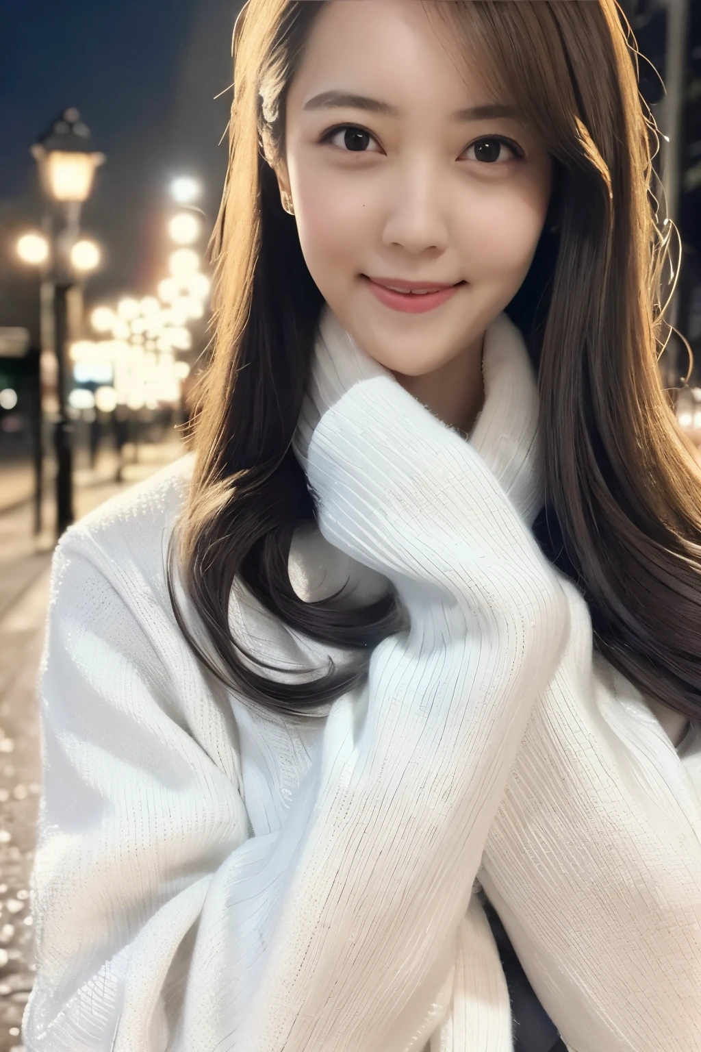 1girl in, (Wearing a white coat:1.2), (Raw photo, Best Quality), (Realistic, Photorealsitic:1.4), master piece, Extremely delicate and beautiful, Extremely detailed, 2k wallpaper, amazing,((white sweater)) ,finely detail, the Extremely Detailed CG Unity 8K Wallpapers, Ultra-detailed, hight resolution, Soft light, Beautiful detailed girl, extremely detailed eye and face, beautiful detailed nose, Beautiful detailed eyes, Cinematic lighting, Winter Night View, illuminations, Perfect Anatomy, Slender body, Smiling,((winter)),