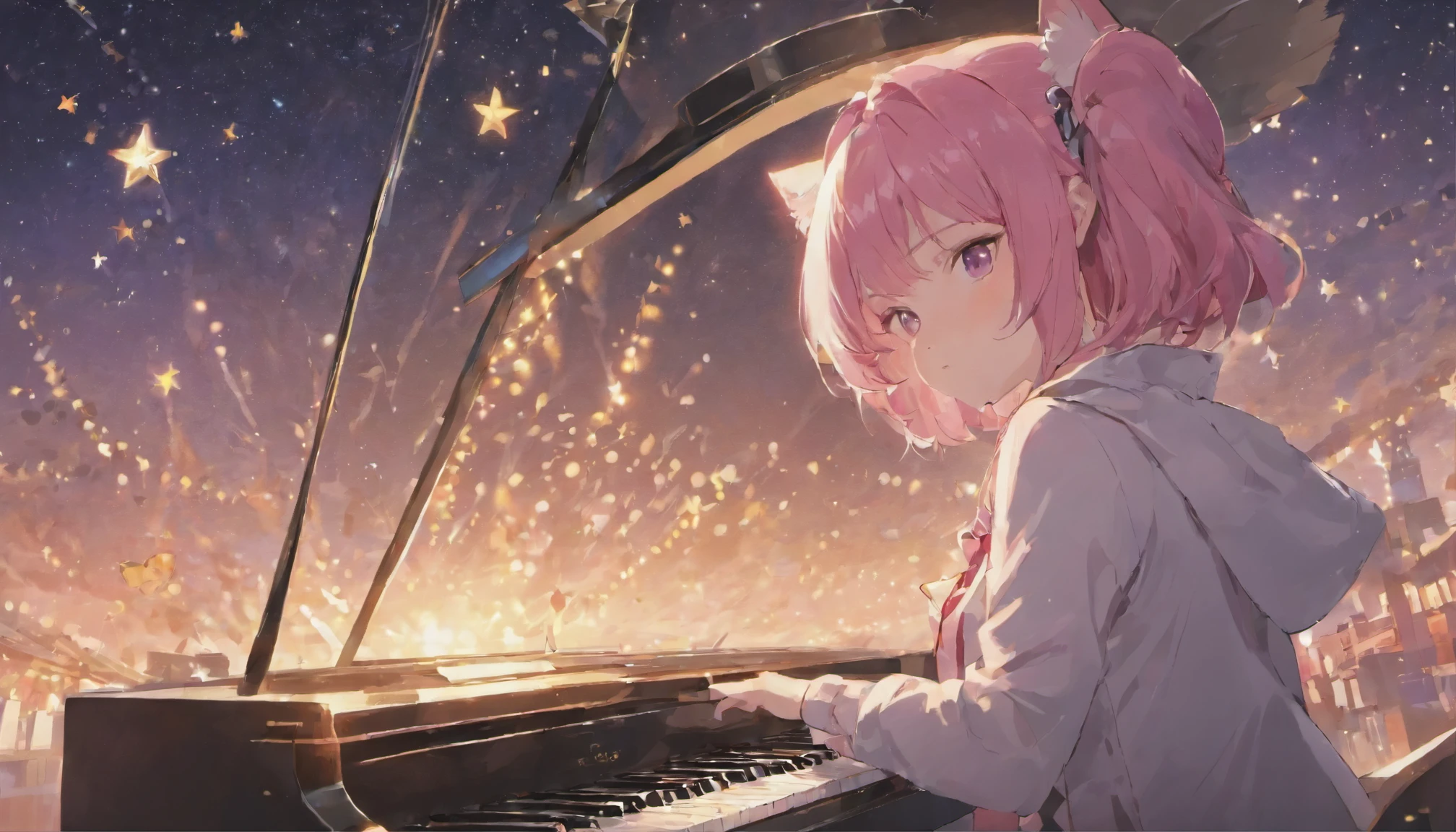Imagine a scene of a girl playing piano under the stars.. anime, Pink Hair, Cat ear. That's her charm.