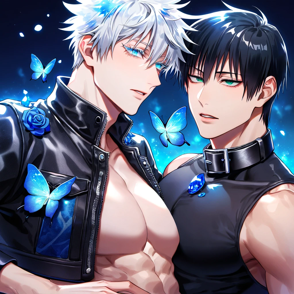 absurdres, highres, ultra detailed, HDR) master piece, best quality, Fushiguro Touji, black hair, expressive green eyes, black tight shirt, cropped leather jacket, black collar, Jujutsu Kaisen, Gojou Satoru, white hair, with bangs, expressive blue eyes, white eyelashes, two sexy men together, yaoi, gay couple, handsome, toned chest, magical fantasy, blue butterflies, glittering, sparkling, blue roses, blue petals, radiant gemstone blue background, blue flames