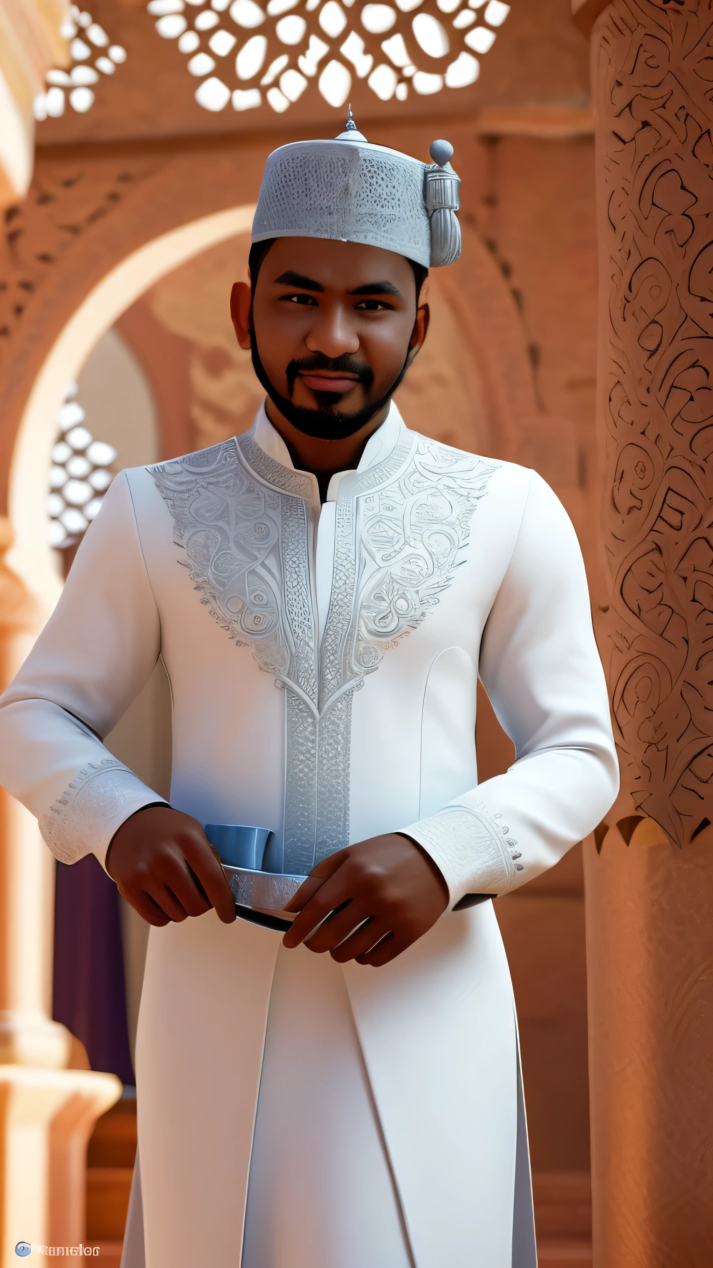 arafed man in white outfit holding a blue bowl in front of a building, dressed thobe, brown skin man egyptian prince, very detailed and rich clothing, ornate attire, handsome prince of persia, highly detailed render, robe. extremely high details, inspired by Osman Hamdi Bey, super detailed render, fully detailed render, detailed render, highly detailed clothing