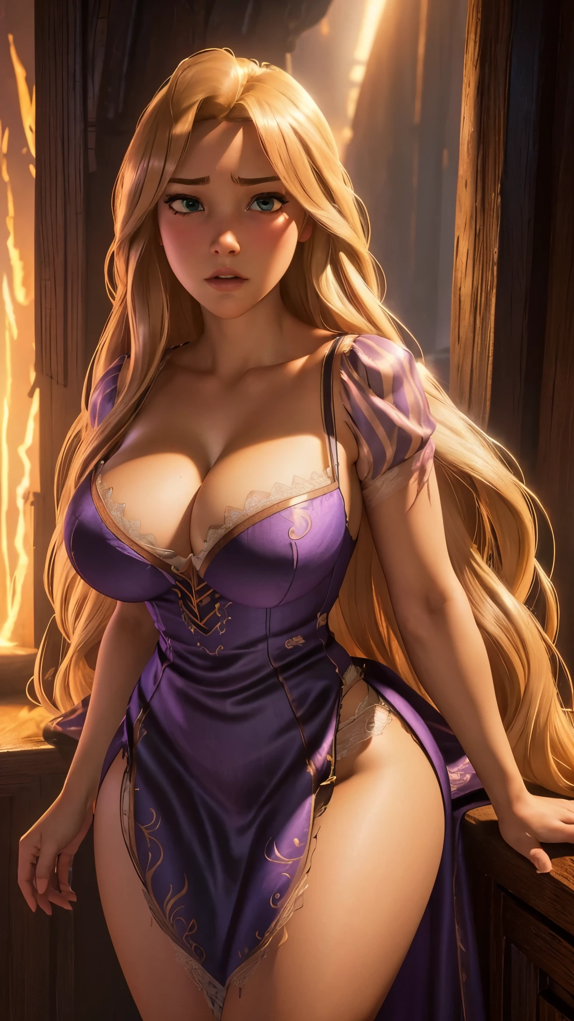 a beautiful busty woman with long flowing blonde hair, detailed facial features, torn dress showing cleavage and thighs, dramatic lighting, cinematic composition, fantasy portrait, warm color palette, highly detailed, photorealistic. Busty. Booty. Rapunzel. Torn dress.  perfect look. Super sexy.  Lingerie