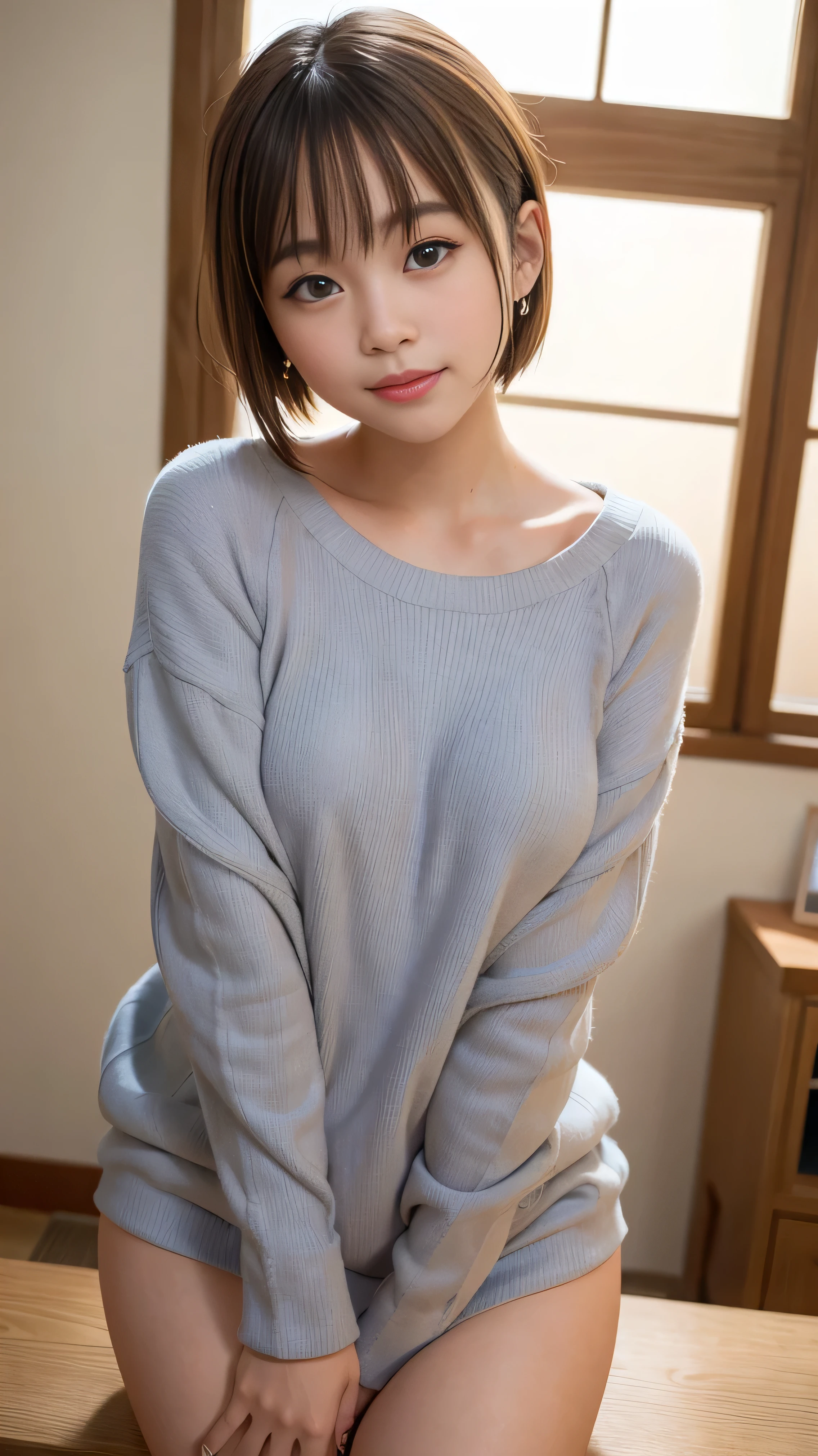 , Japanese, Capture the light, upper_body, Grey sweater,short hair, ,Earrings, RAW Photos, highest quality, (Photorealistic), Suggestive,(smile:0.7)