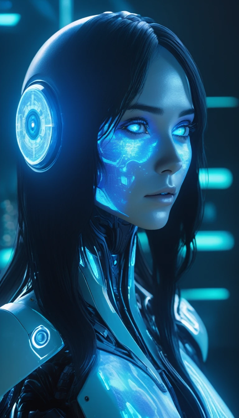chong , Glowing hologram Cortana, (hologram:1.4), (glitch:1.4), glowing, reimagined in a cyberpunk universe, cinematic scene, detailed background, piercing eyes, masterpiece, best quality, high quality, intricate, ultra detailed, highres, absurdres, 16k resolution dragon