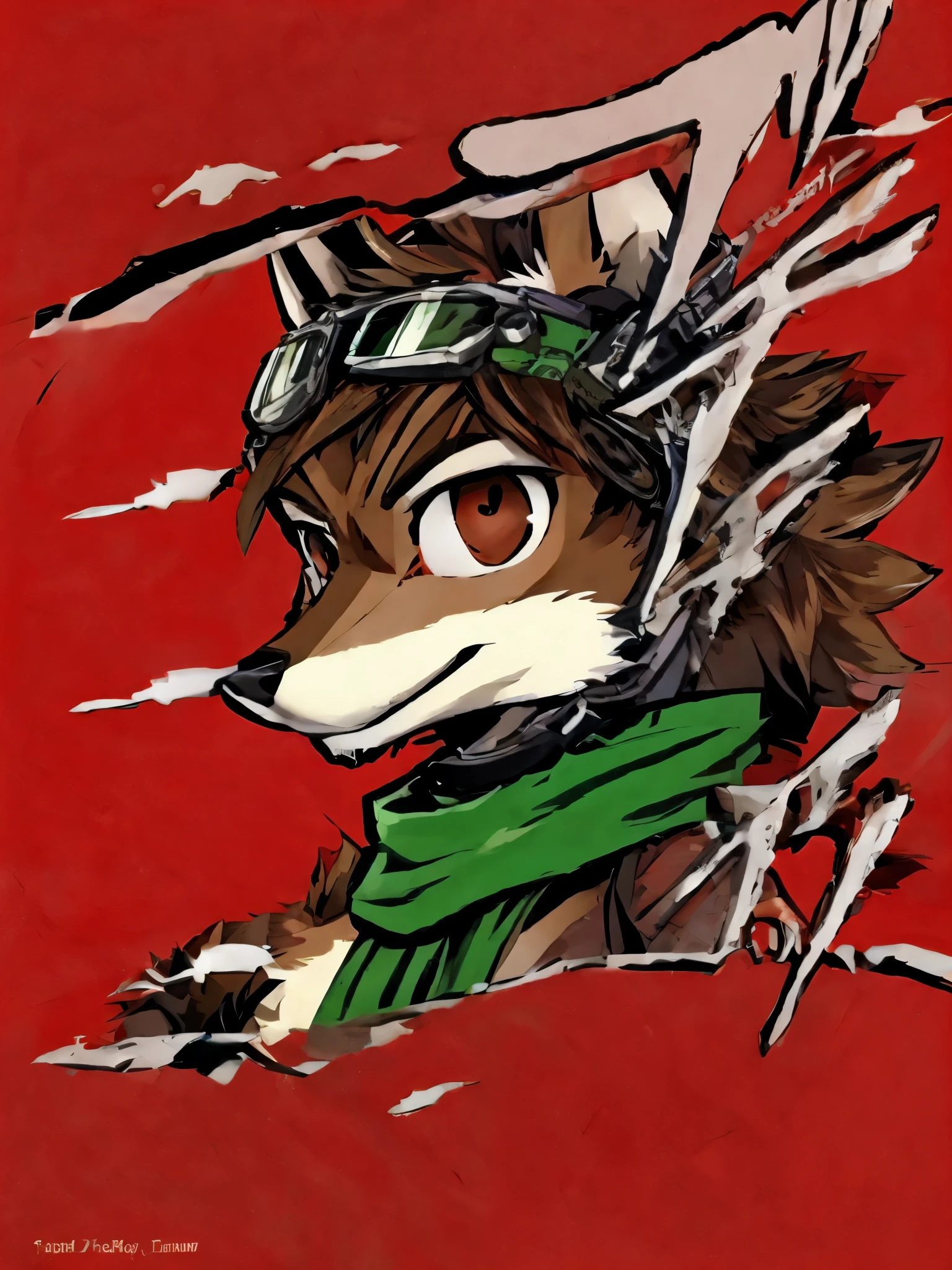 teen Furry, solo, furry, teenager, red fox, spiked brown hair only on head, collar, brown eyes, goggles, green breechcloth, green scarf, elbow pads, knee pads, masterpiece, No muscles, Detailed hands, detailed face, detailed eyes, detailed body, Flat body, Skinny, claws, high resolution, metal cuffs on wrists, metal cuffs on ankles, no shirt, no underwear,