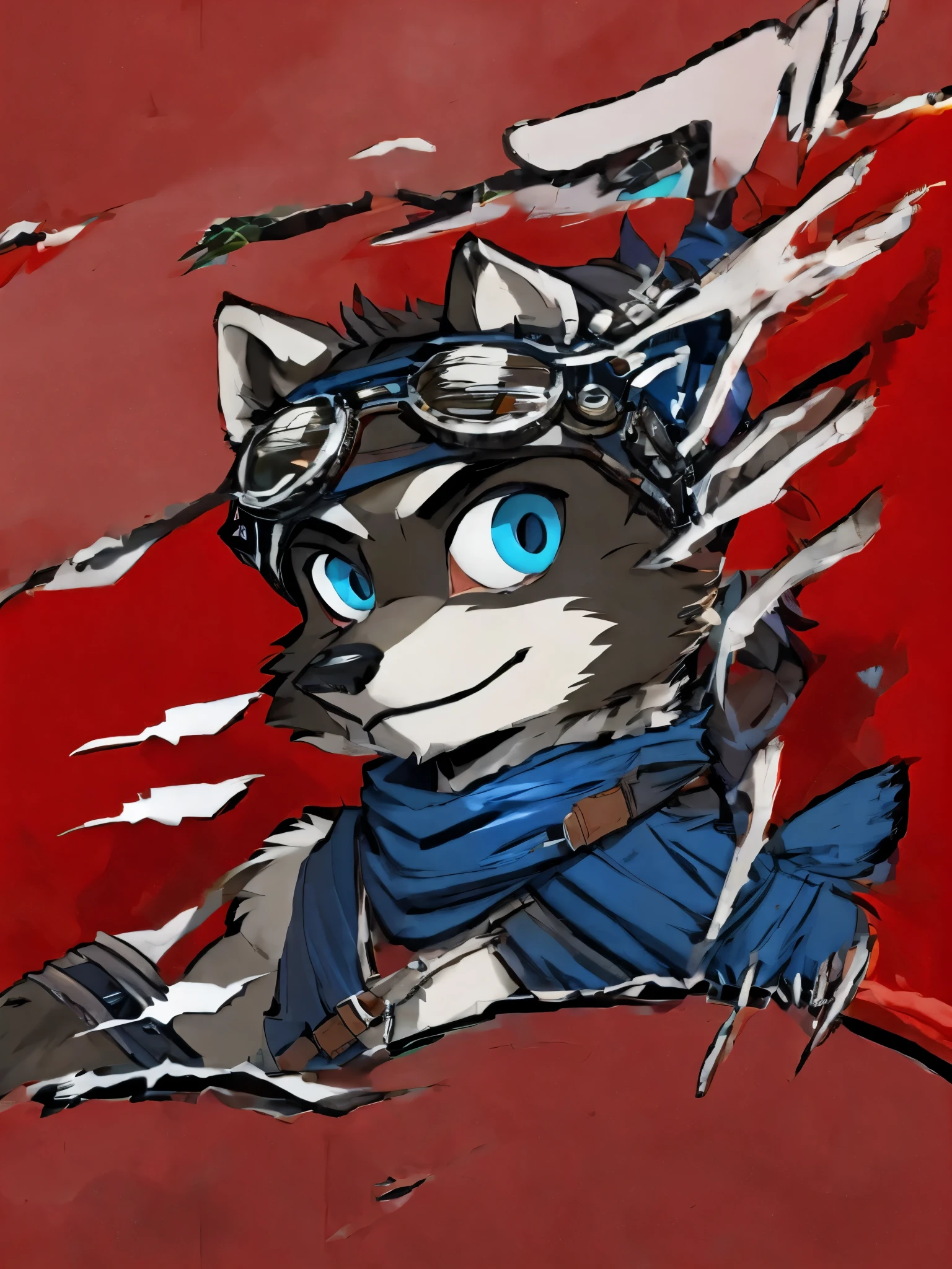 teen furry, furry, teenager, raccoon, grey body, long brown spiked_ponytail, detailed eyes, Detailed body fur, long blue scarf, leather_harness, blue_breechcloth, goggles, masterpiece, gray body, Detailed face, big eyebrows, blue eyes, detailed eyes, No muscles, Detailed hands, Flat body, Skinny, Detailed paws, metal cuffs on wrists, metal cuffs on ankles, black baggy pants