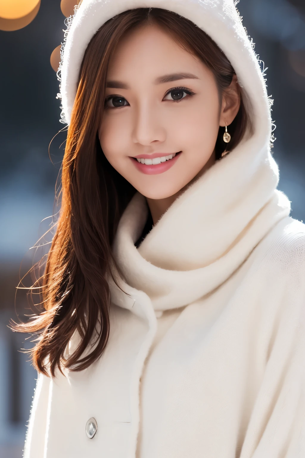 1girl in, (Wearing a white coat:1.2), (Raw photo, Best Quality), (Realistic, Photorealsitic:1.4), master piece, Extremely delicate and beautiful, Extremely detailed, 2k wallpaper, amazing,((white sweater)) ,finely detail, the Extremely Detailed CG Unity 8K Wallpapers, Ultra-detailed, hight resolution, Soft light, Beautiful detailed girl, extremely detailed eye and face, beautiful detailed nose, Beautiful detailed eyes, Cinematic lighting, Winter Night View, illuminations, Perfect Anatomy, Slender body, Smiling,((winter)),