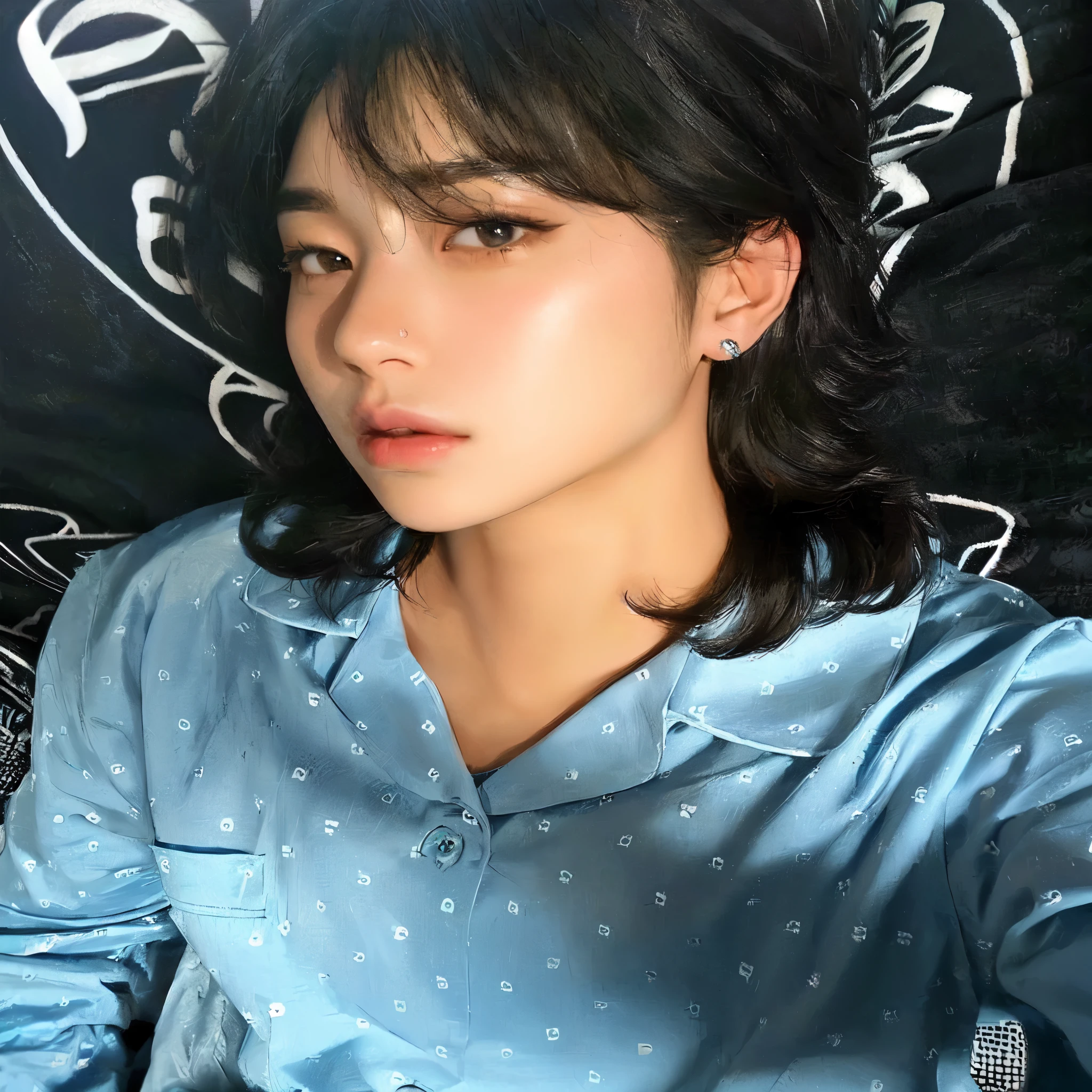 arafed woman in a blue shirt sitting on a bed, bae suzy, with short hair, headshot, kpop boy, korean boy, kpop male face, bts jungkook