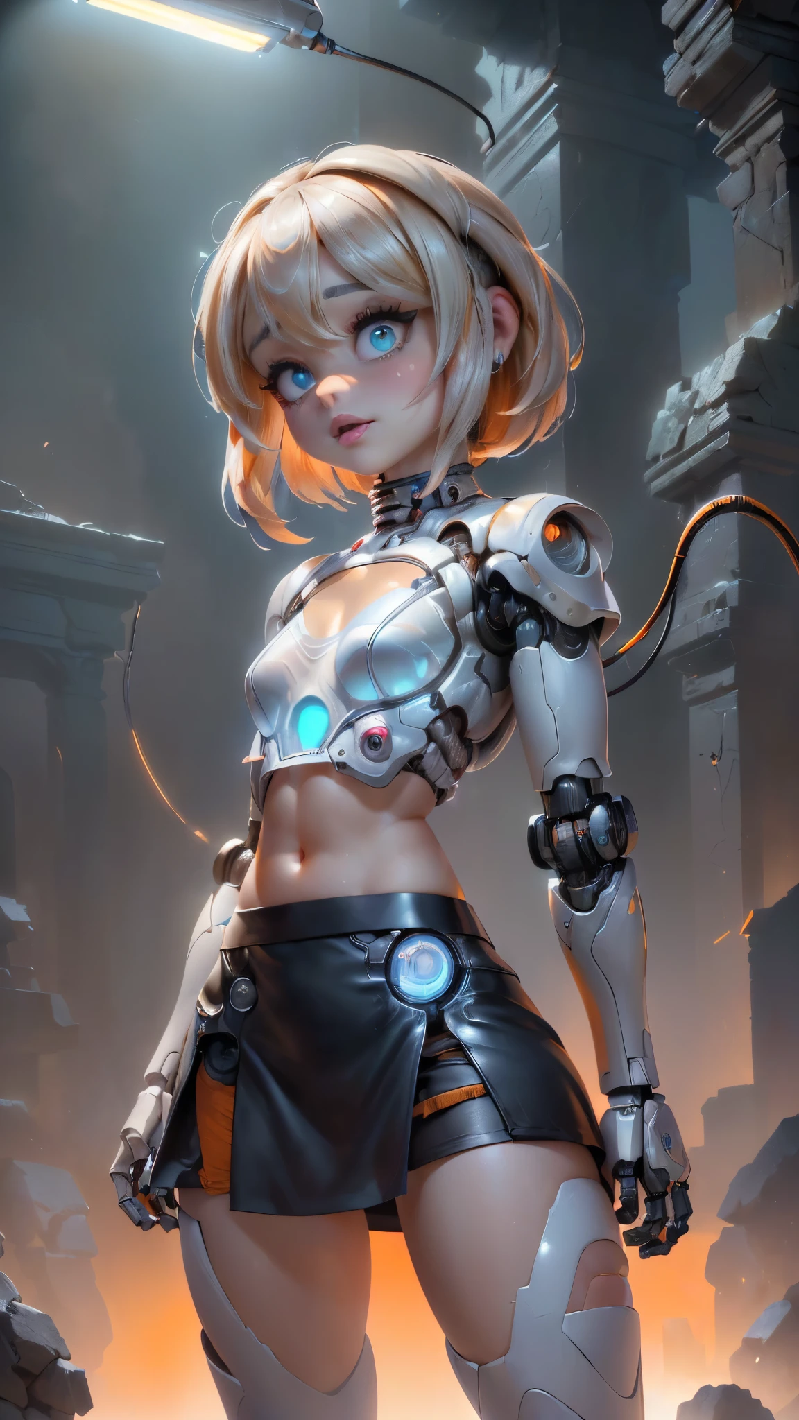 (La mejor calidad,A high resolution,Ultra - detallado,actual),sabrina carpenter cyborg transparent ,,(Fondo de ruinas de mazmorra en ruinas piedras grandes cyberpunk :1.4 ), (weared in (translucent:1.2), ( mini skirt cyborg orange :1.4), top corto white transparent ,,(Fondo de ruinas de mazmorra en ruinas cyberpunk :1.4 ), (Mechanical vertebrae attached to the back, mechanical cervical attachment to the neck, (alambres y cables que se conectan:1.4 ) , Evangelion,( small bright LED lamps:1.4) , More detailed 8K.motor irreal:1.4,UHD,La mejor calidad:1.4, fotorrealista:1.4, textura de la piel:1.4, obra maestra:1.8,obra-prima, mejor calidad,objeto Objeto], (detailed face features:1.3),(Las proporciones correctas),(Ojos hermosos azules),  (pose vaquero),( sabrina carpenter:1.4), (sabrina carpenter V2.1),( perfect anatomy:1.4), (cyborg mechanical robot transparent plastic white:1.4), ,(Fondo de ruinas de mazmorra en ruinas piedras grandes caverna :1.4 ), (cinematic lighting :1.4), (fondo laboratorio robotic :1.4), (Cyborg inteligencia artificial :1.4),( face detailed :1.4), (no mutaciones),, (manos perfectas: 1.5),( dynamic cowboy pose) 