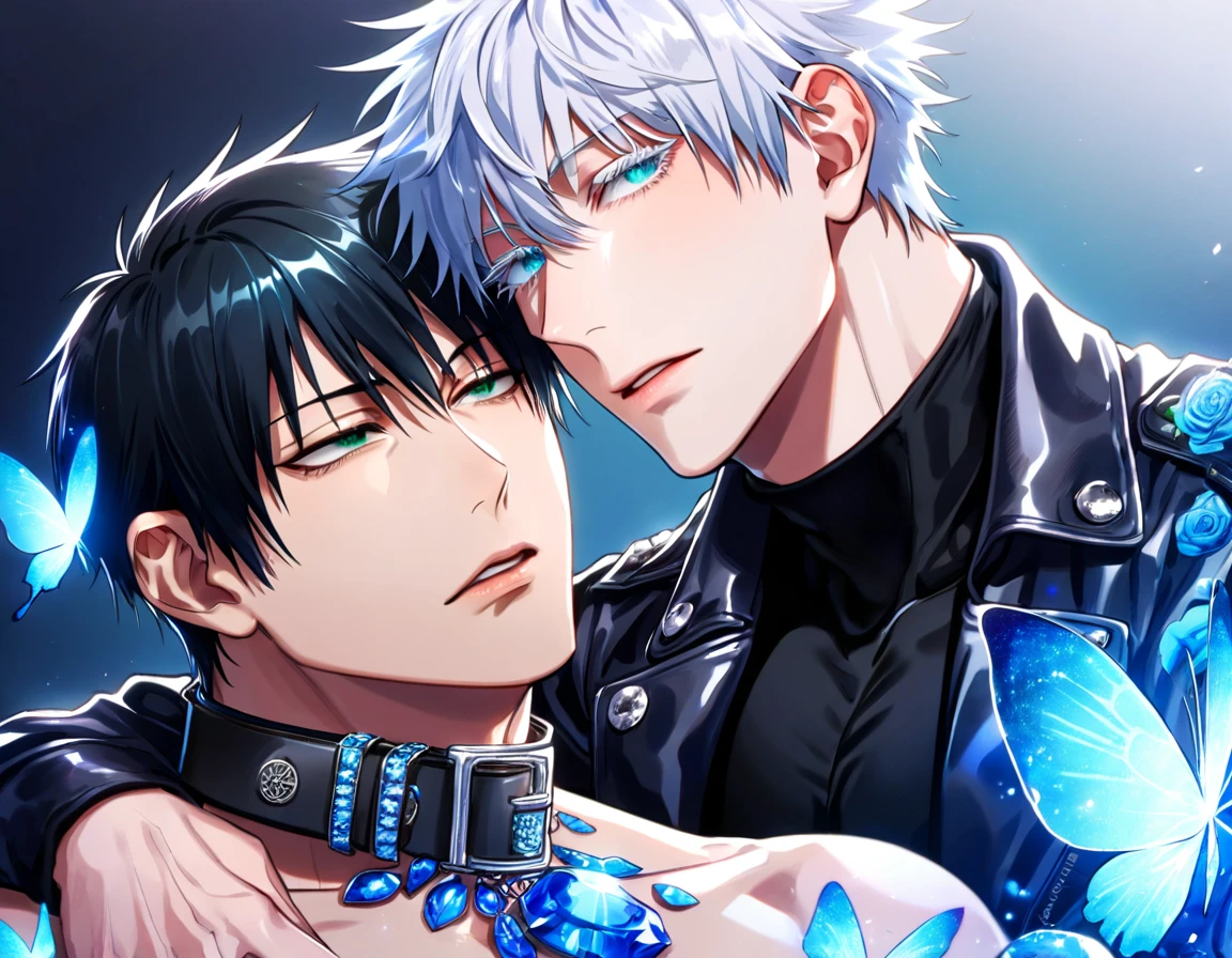 absurdres, highres, ultra detailed, HDR) master piece, best quality, Fushiguro Touji, black hair, expressive green eyes, black tight shirt, cropped leather jacket, black collar, Jujutsu Kaisen, Gojou Satoru, white hair, with bangs, expressive blue eyes, white eyelashes, two sexy men together, yaoi, gay couple, handsome, toned chest, magical fantasy, blue butterflies, glittering, sparkling, blue roses, blue petals, radiant gemstone blue background, blue flames