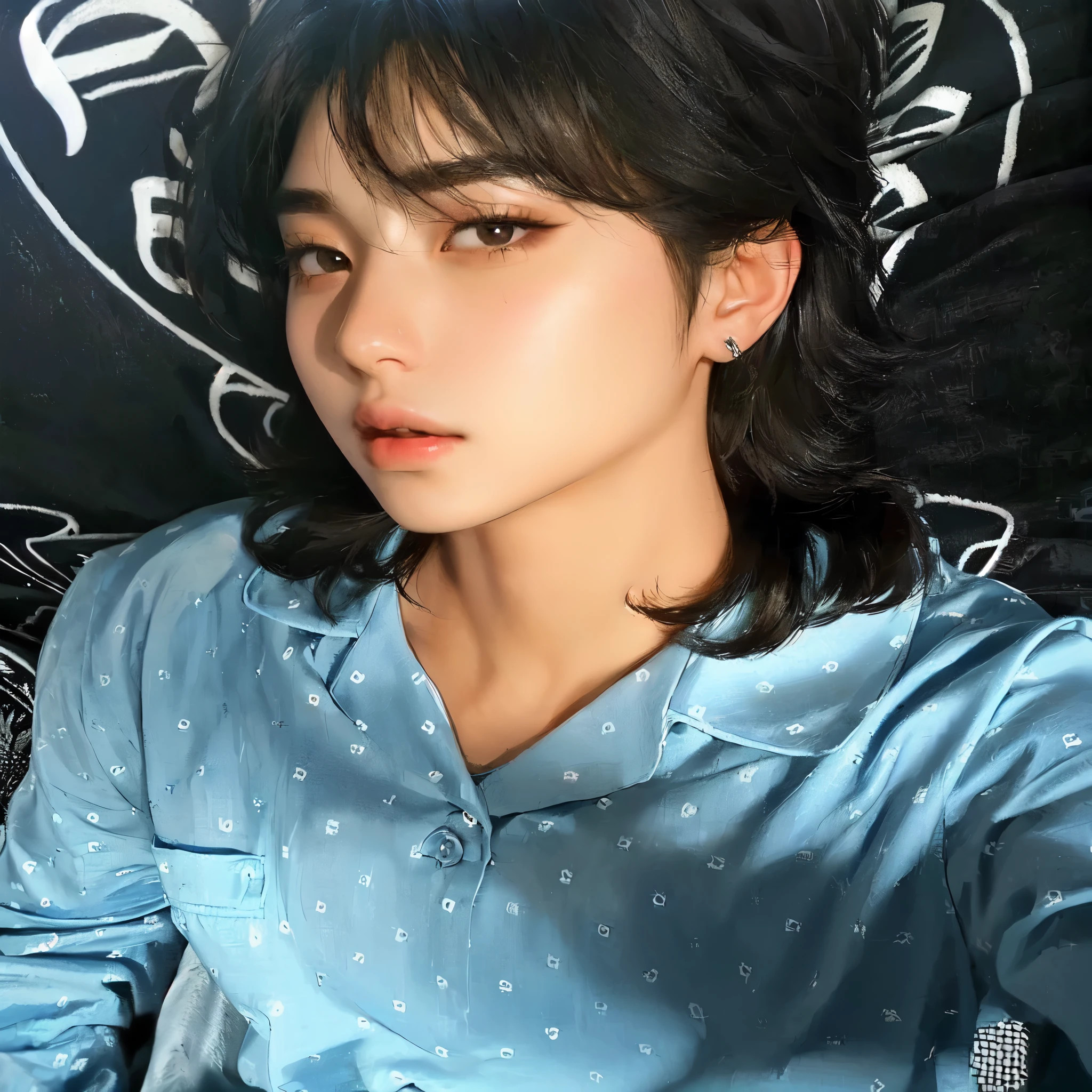 arafed woman in a blue shirt sitting on a bed, bae suzy, with short hair, headshot, kpop boy, korean boy, kpop male face, bts jungkook