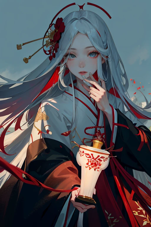 Beautiful face、beautiful eyes、Glossy lips、Red Eyeshadow、，long white hair，White wedding kimono