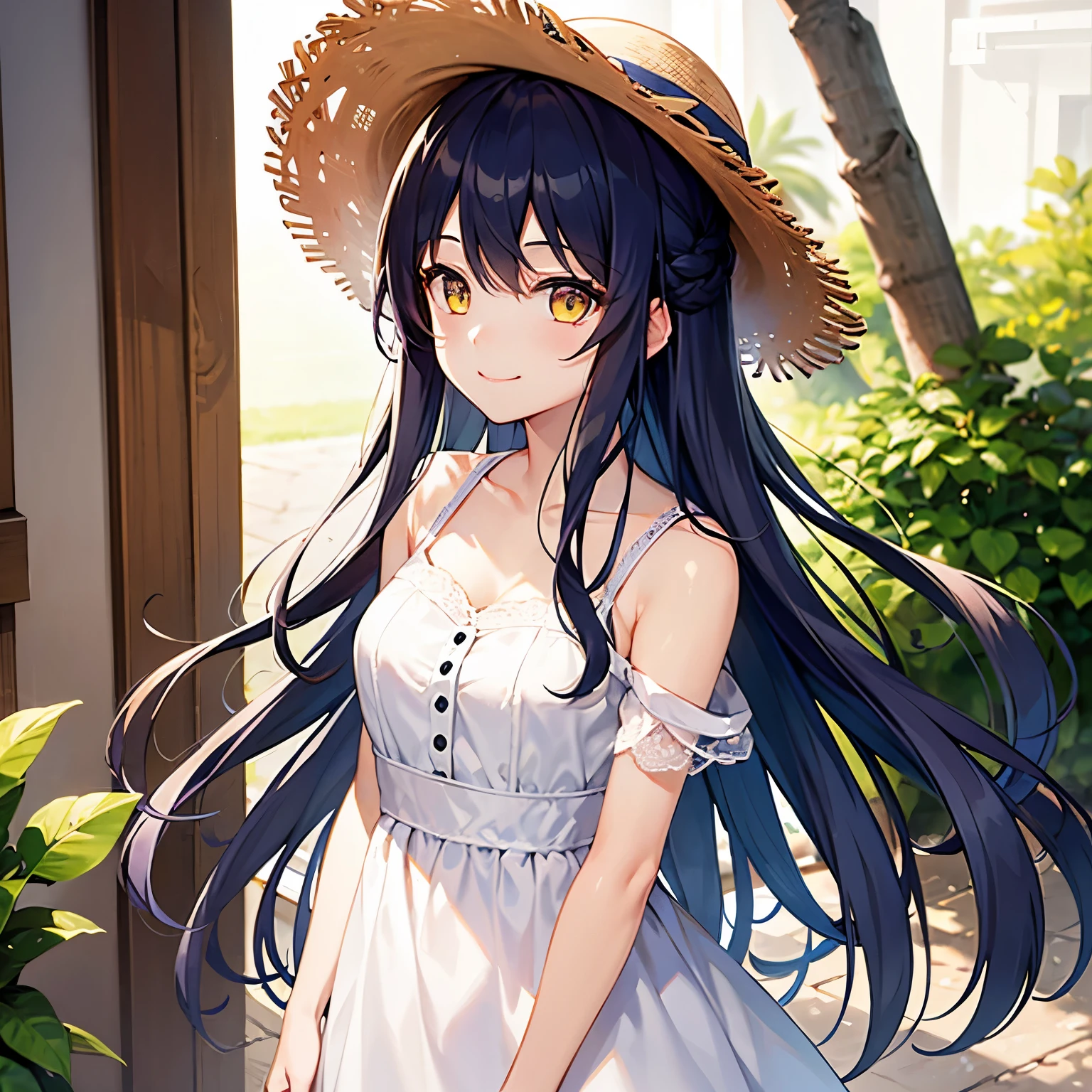One Girl、smile、Navy Blue Hair、Yellow Eyes、Straw hat、White dress、Low exposure、Front view、whole body